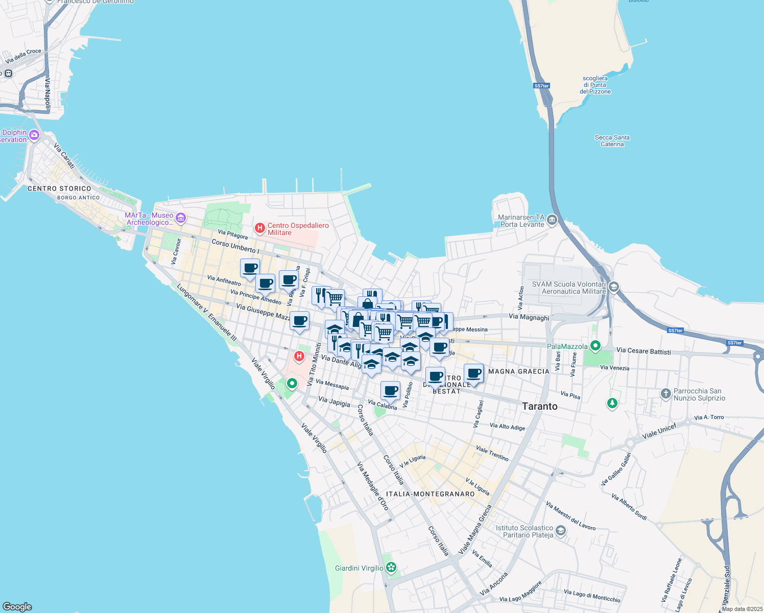 map of restaurants, bars, coffee shops, grocery stores, and more near 25 Piazza Ammiraglio Pasquale Leonardi Cattolica in Taranto
