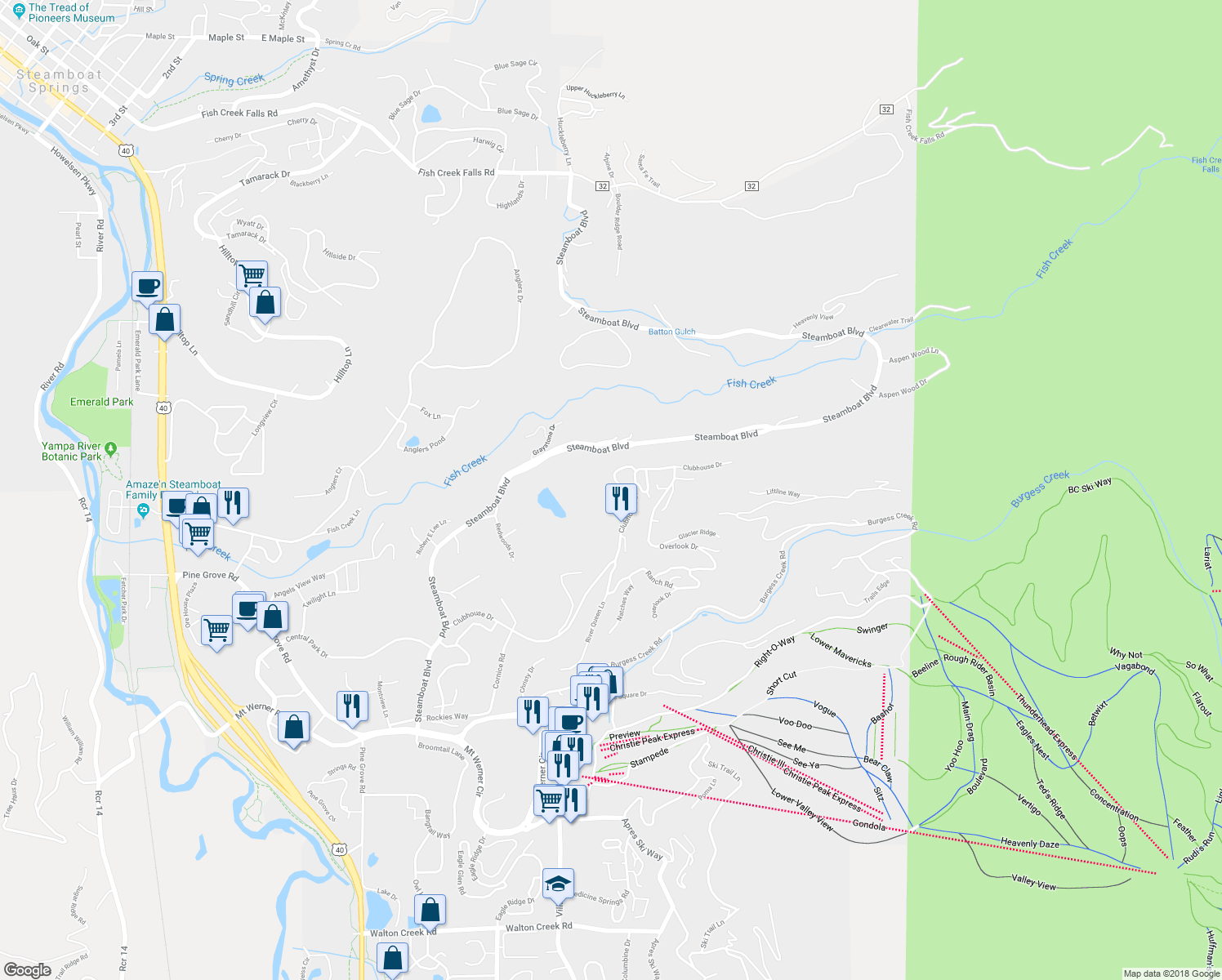 map of restaurants, bars, coffee shops, grocery stores, and more near 1271 Clubhouse Circle in Steamboat Springs