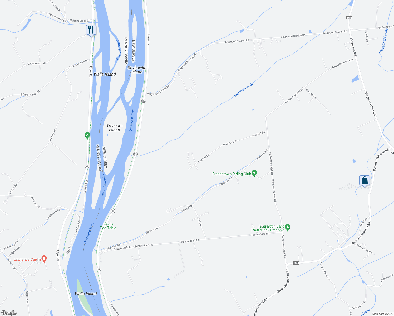 map of restaurants, bars, coffee shops, grocery stores, and more near 106 Warford Road in Frenchtown