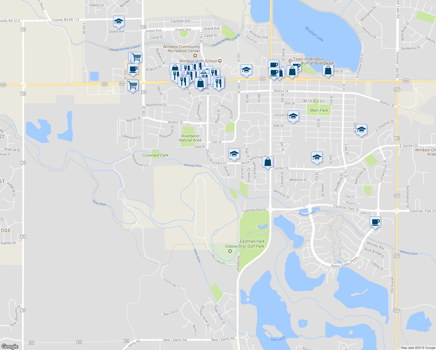 map of restaurants, bars, coffee shops, grocery stores, and more near 1029 Indian Trail Drive in Windsor