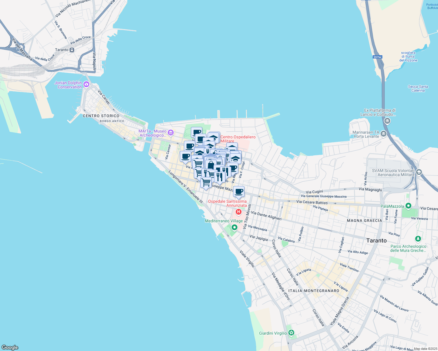 map of restaurants, bars, coffee shops, grocery stores, and more near 69 Via Cataldo Nitti in Taranto