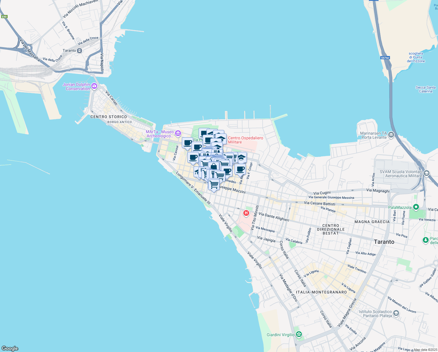 map of restaurants, bars, coffee shops, grocery stores, and more near 189 Via Anfiteatro in Taranto