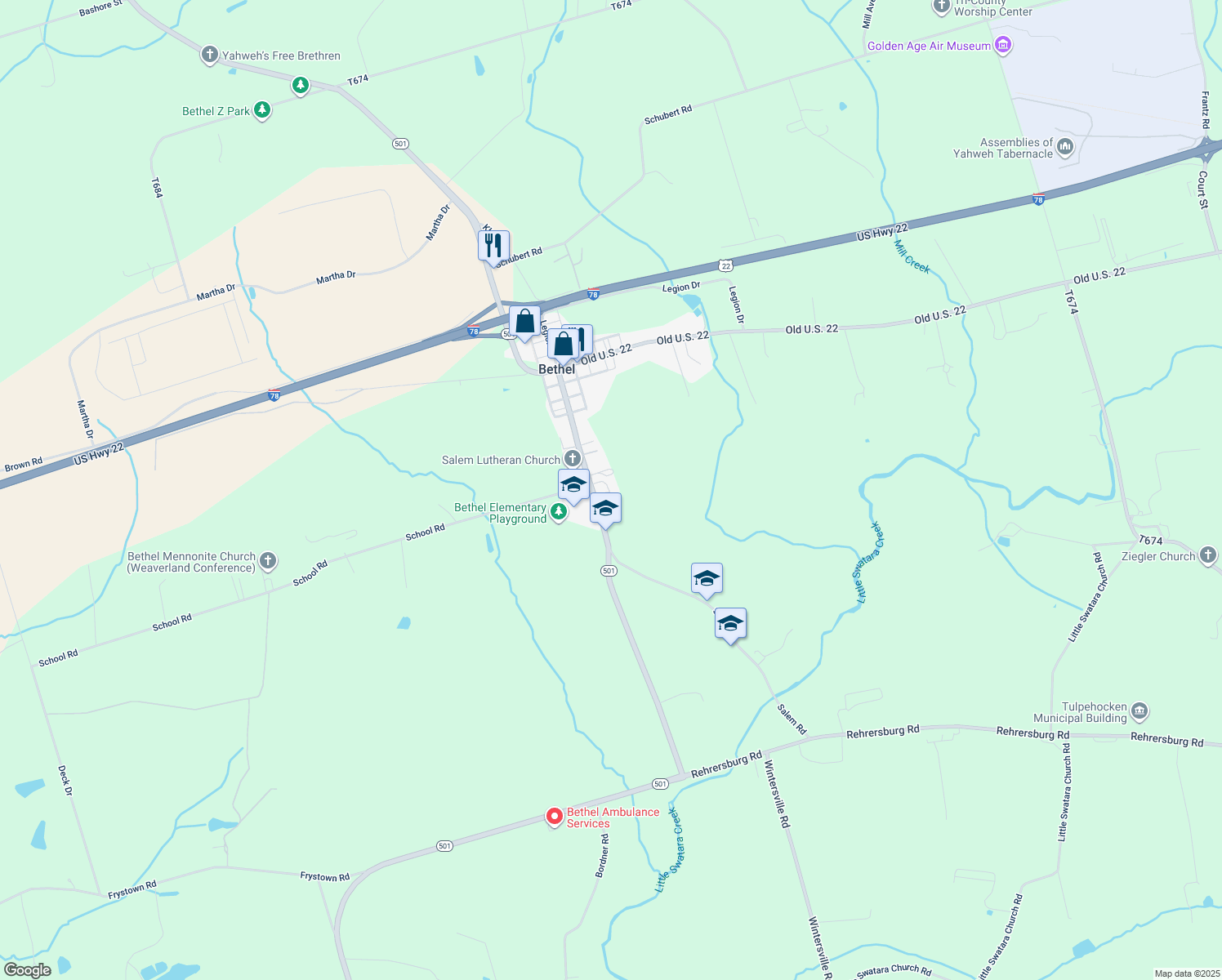 map of restaurants, bars, coffee shops, grocery stores, and more near 8395 Lancaster Avenue in Bethel