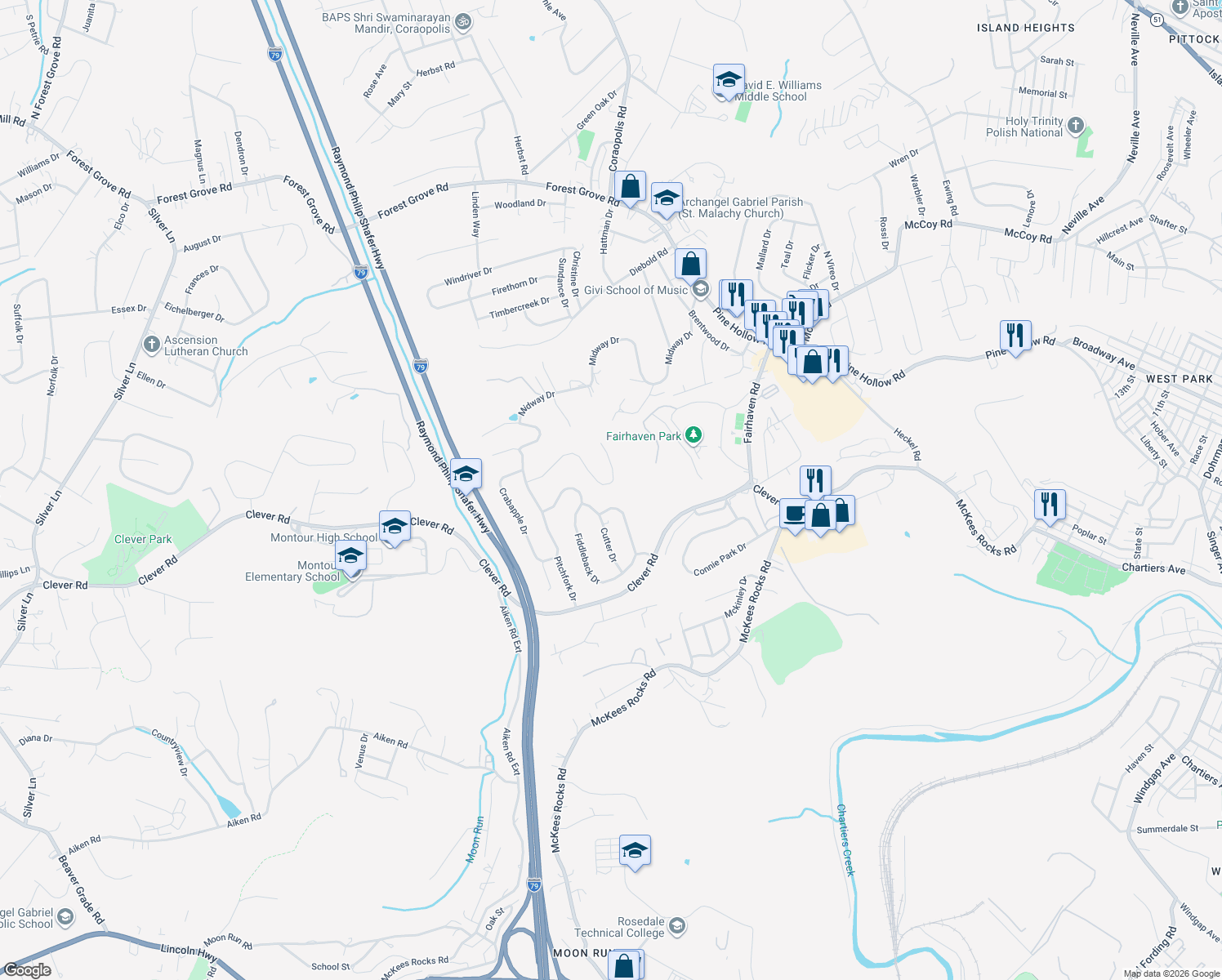 map of restaurants, bars, coffee shops, grocery stores, and more near 5034 Julia Lane in McKees Rocks