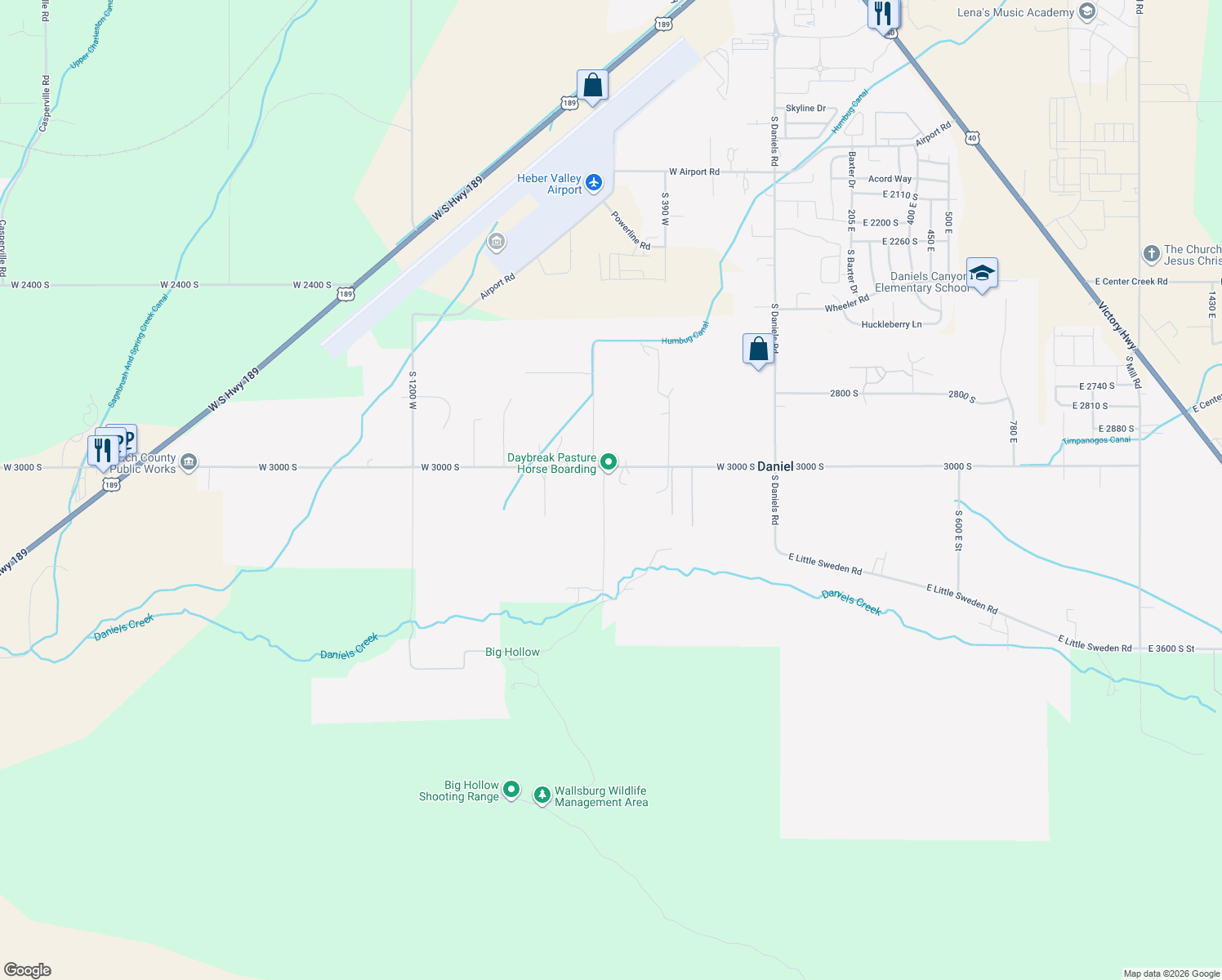 map of restaurants, bars, coffee shops, grocery stores, and more near 3075 South Big Hollow Road in Heber City