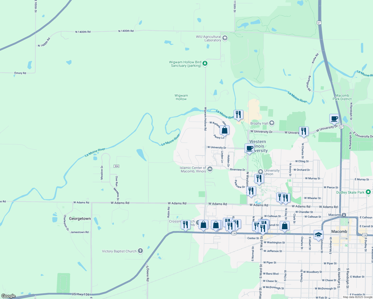 map of restaurants, bars, coffee shops, grocery stores, and more near 899 Glen Oak Street in Macomb