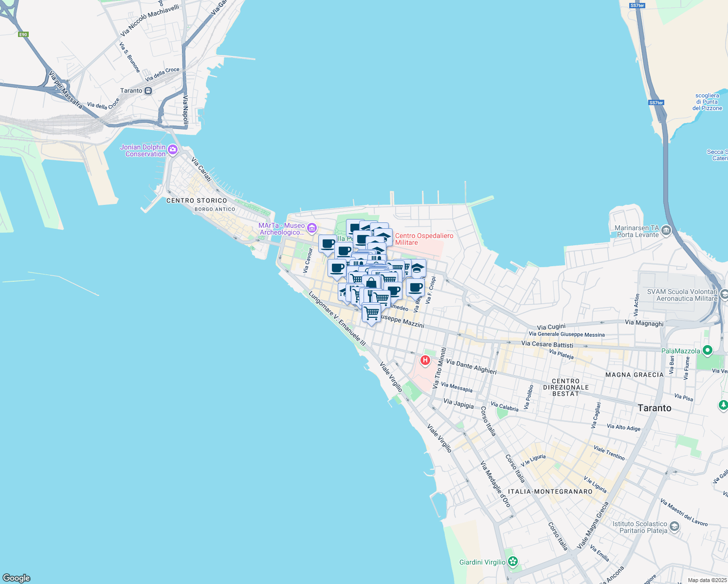 map of restaurants, bars, coffee shops, grocery stores, and more near 171-189 Via Anfiteatro in Taranto