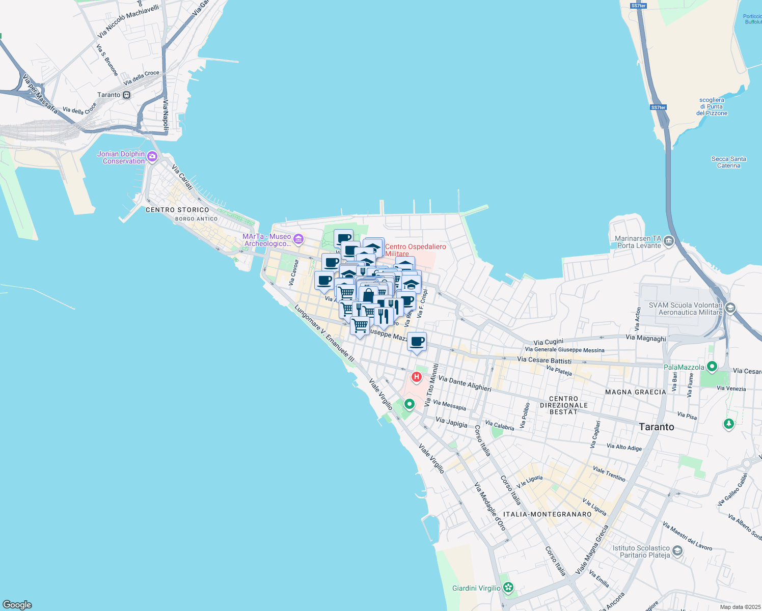 map of restaurants, bars, coffee shops, grocery stores, and more near 69 Via Cataldo Nitti in Taranto