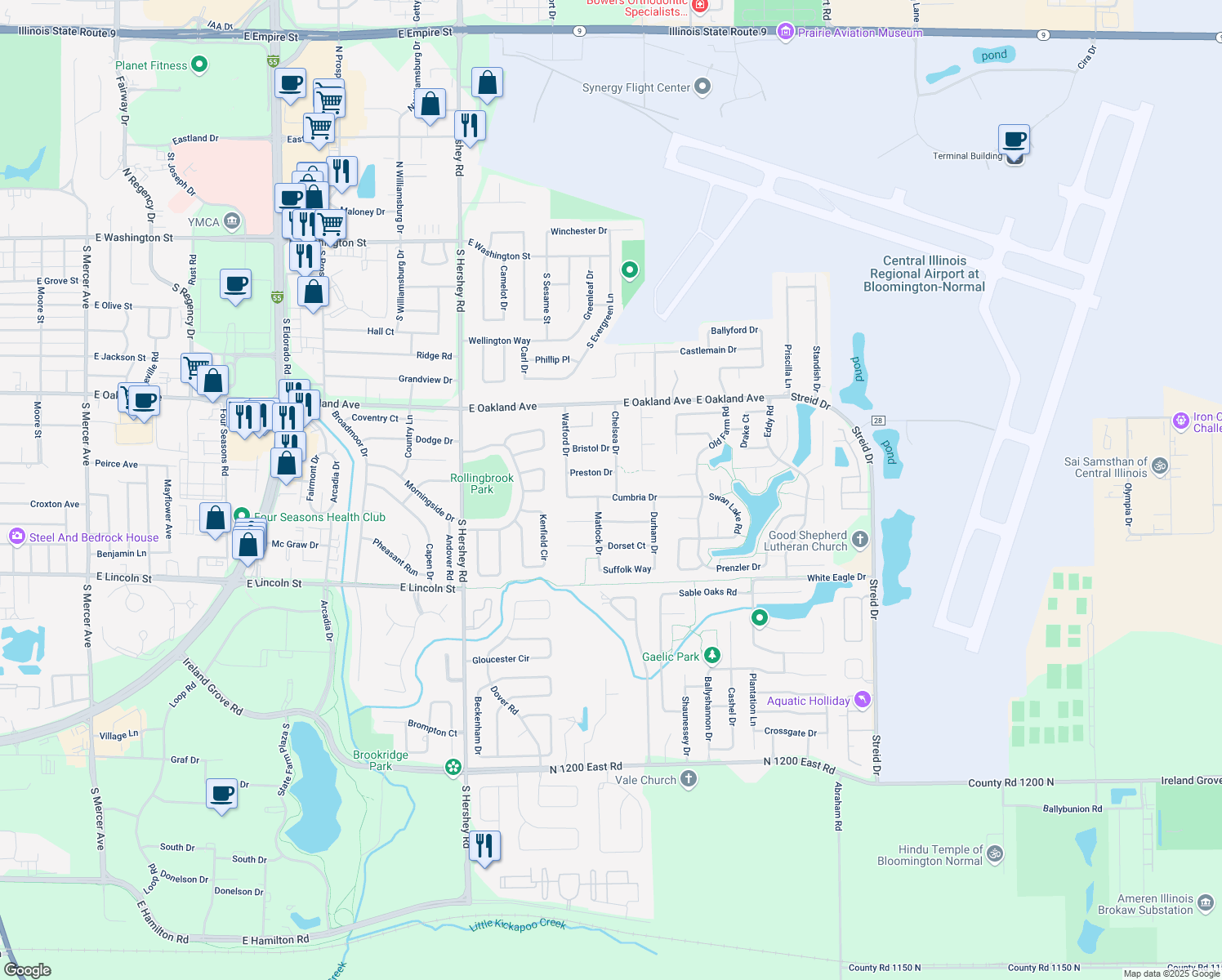 map of restaurants, bars, coffee shops, grocery stores, and more near 3114 Cumbria Dr in Bloomington