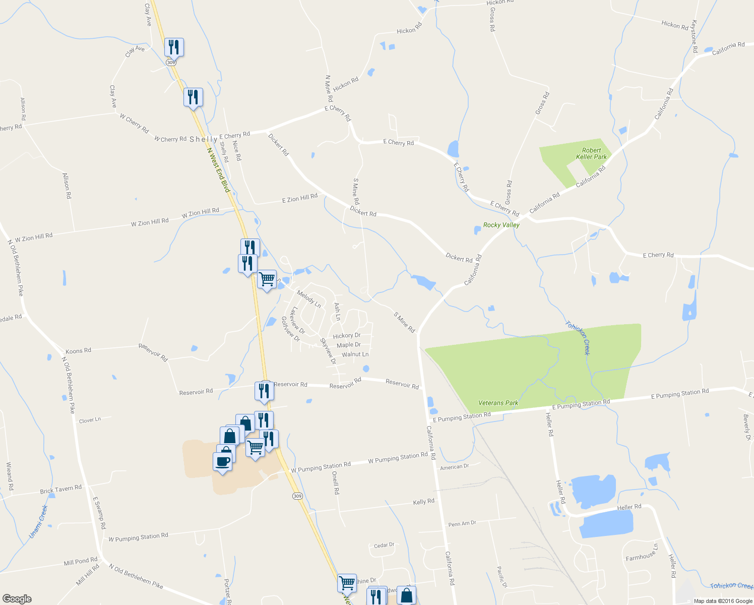 map of restaurants, bars, coffee shops, grocery stores, and more near 88 South Mine Road in Quakertown