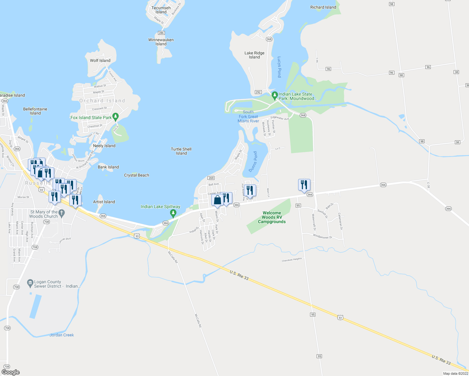 map of restaurants, bars, coffee shops, grocery stores, and more near Blackbeard Court in Russells Point