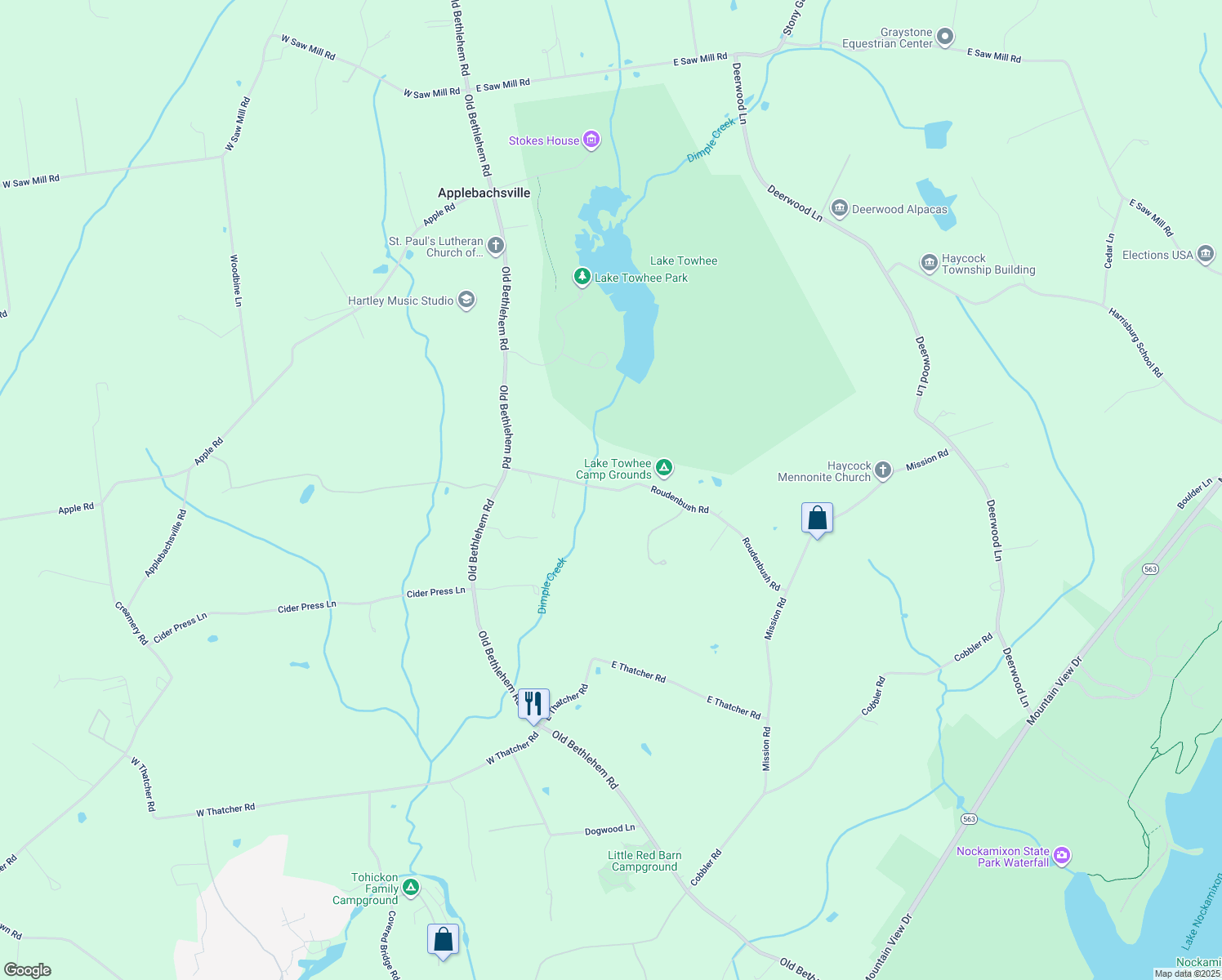 map of restaurants, bars, coffee shops, grocery stores, and more near 1279 Roudenbush Road in Quakertown