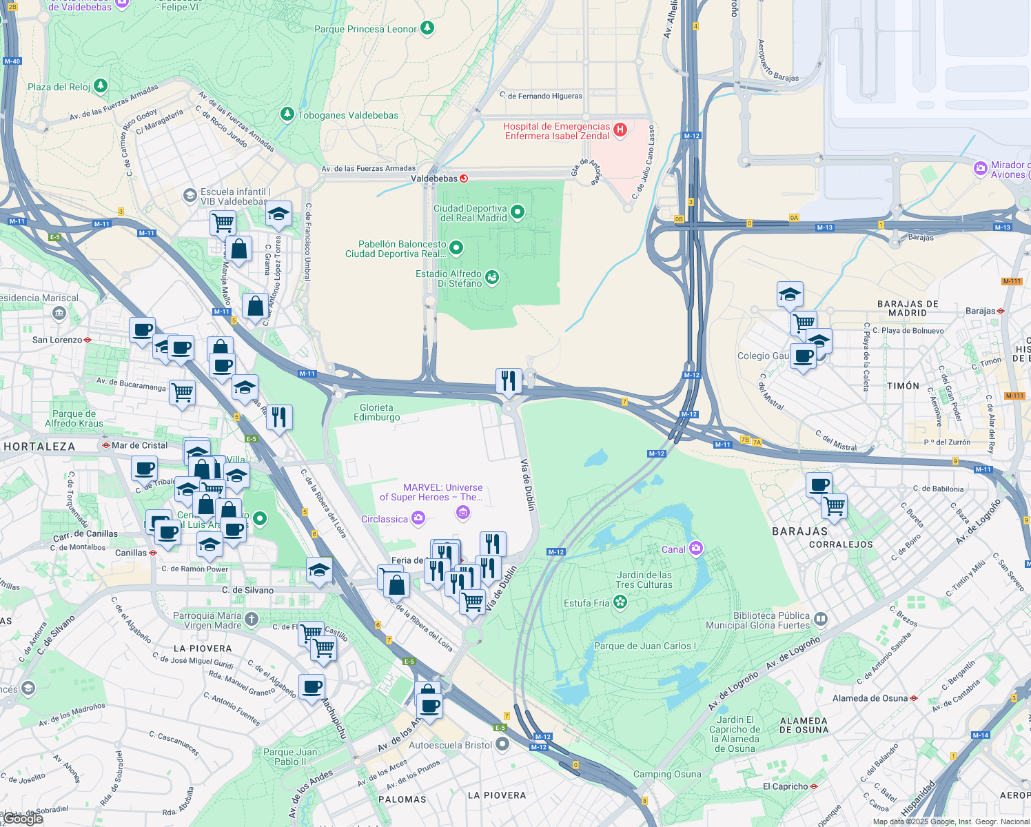 map of restaurants, bars, coffee shops, grocery stores, and more near 28 Vía de Dublín in Madrid