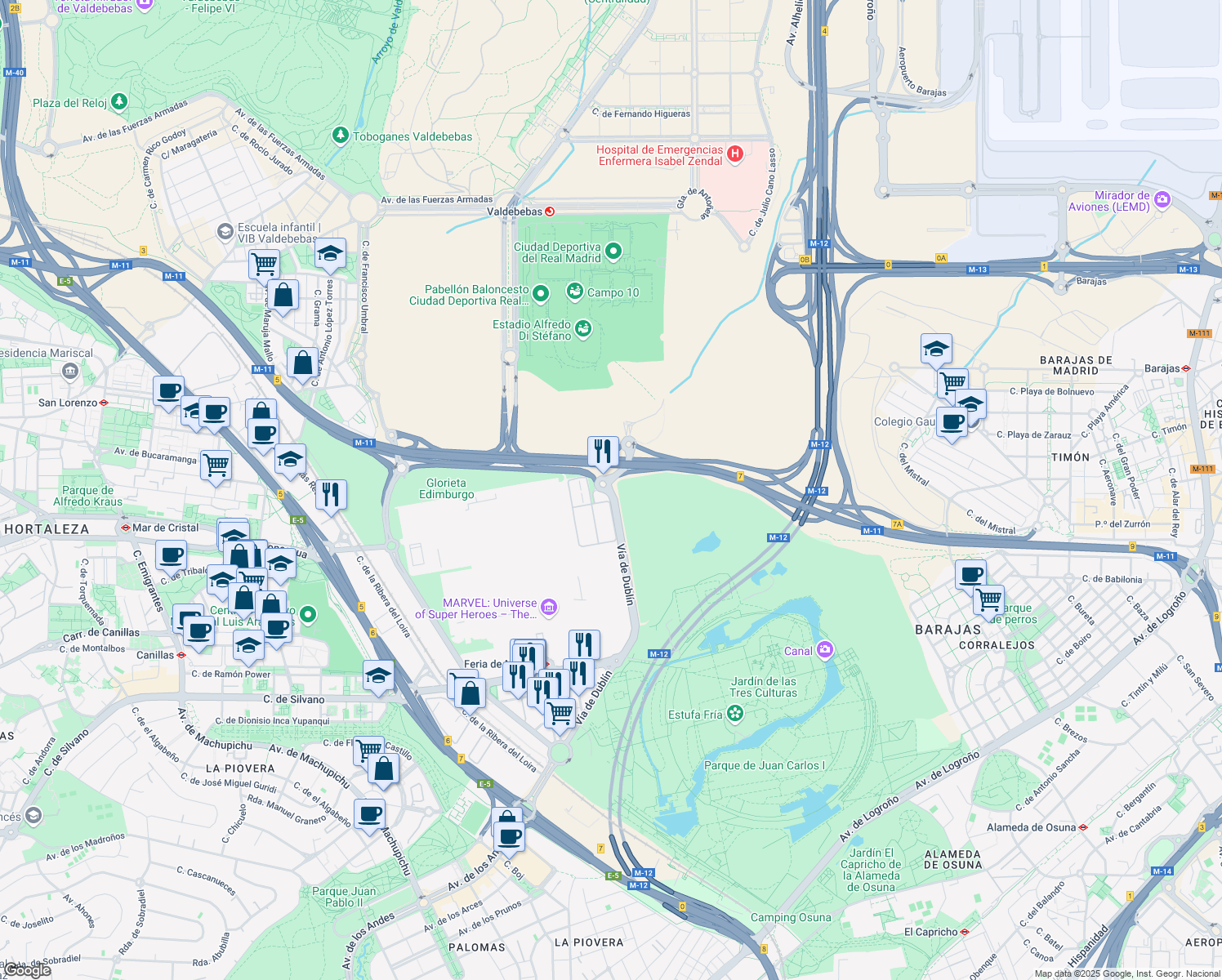 map of restaurants, bars, coffee shops, grocery stores, and more near 28 Vía de Dublín in Madrid