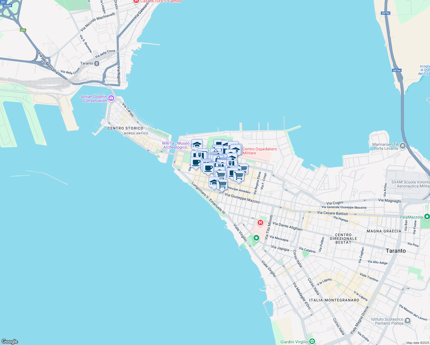 map of restaurants, bars, coffee shops, grocery stores, and more near 69 Via Domenico Acclavio in Taranto