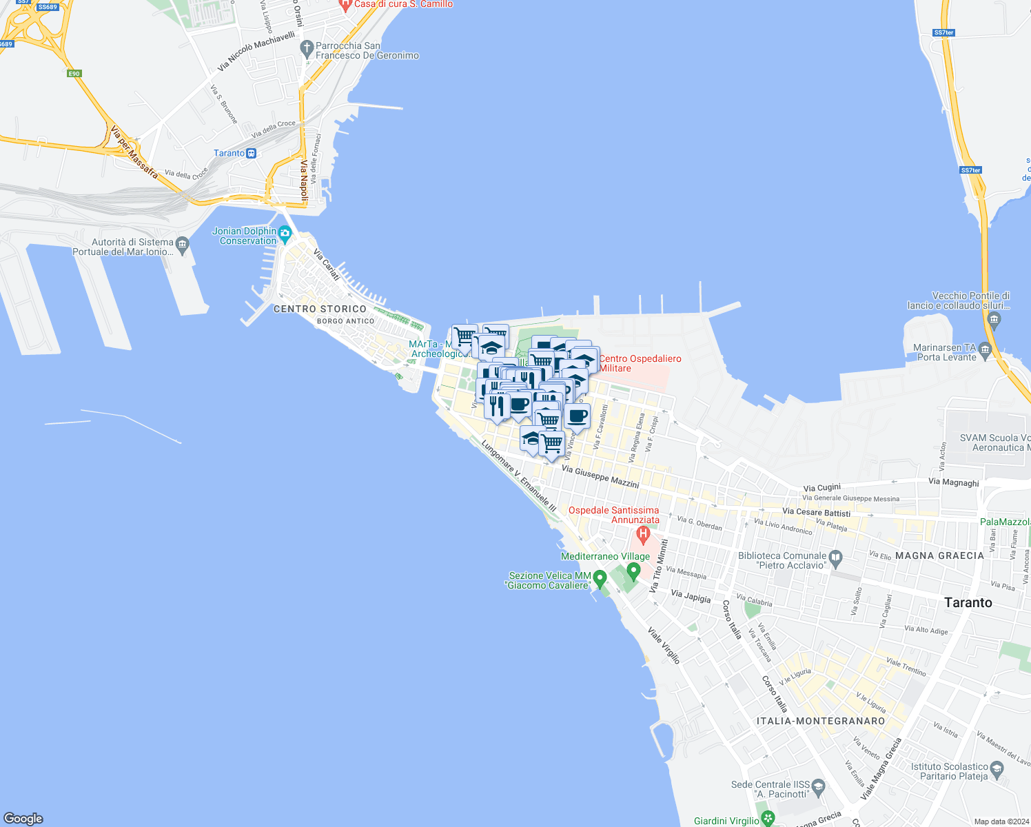 map of restaurants, bars, coffee shops, grocery stores, and more near 144 Via d'Aquino in Taranto