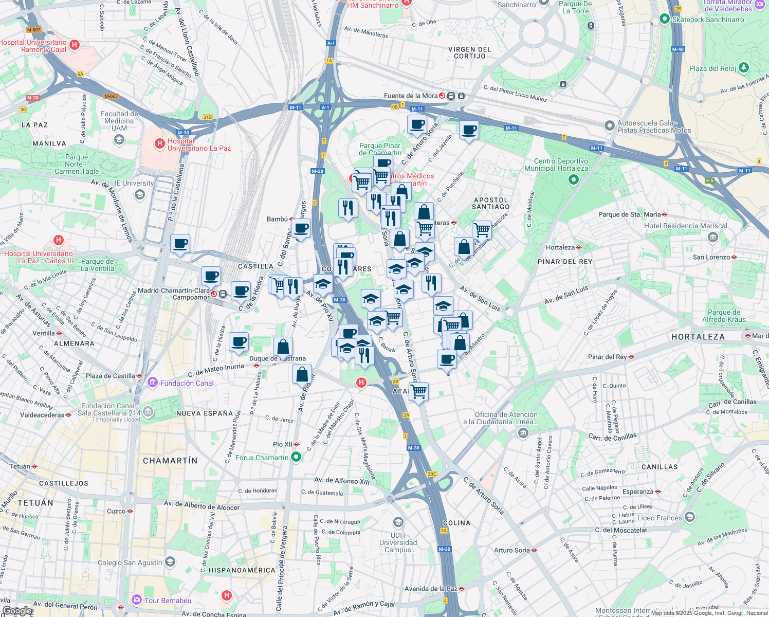 map of restaurants, bars, coffee shops, grocery stores, and more near 5 Calle de Serrano Galvache in Madrid