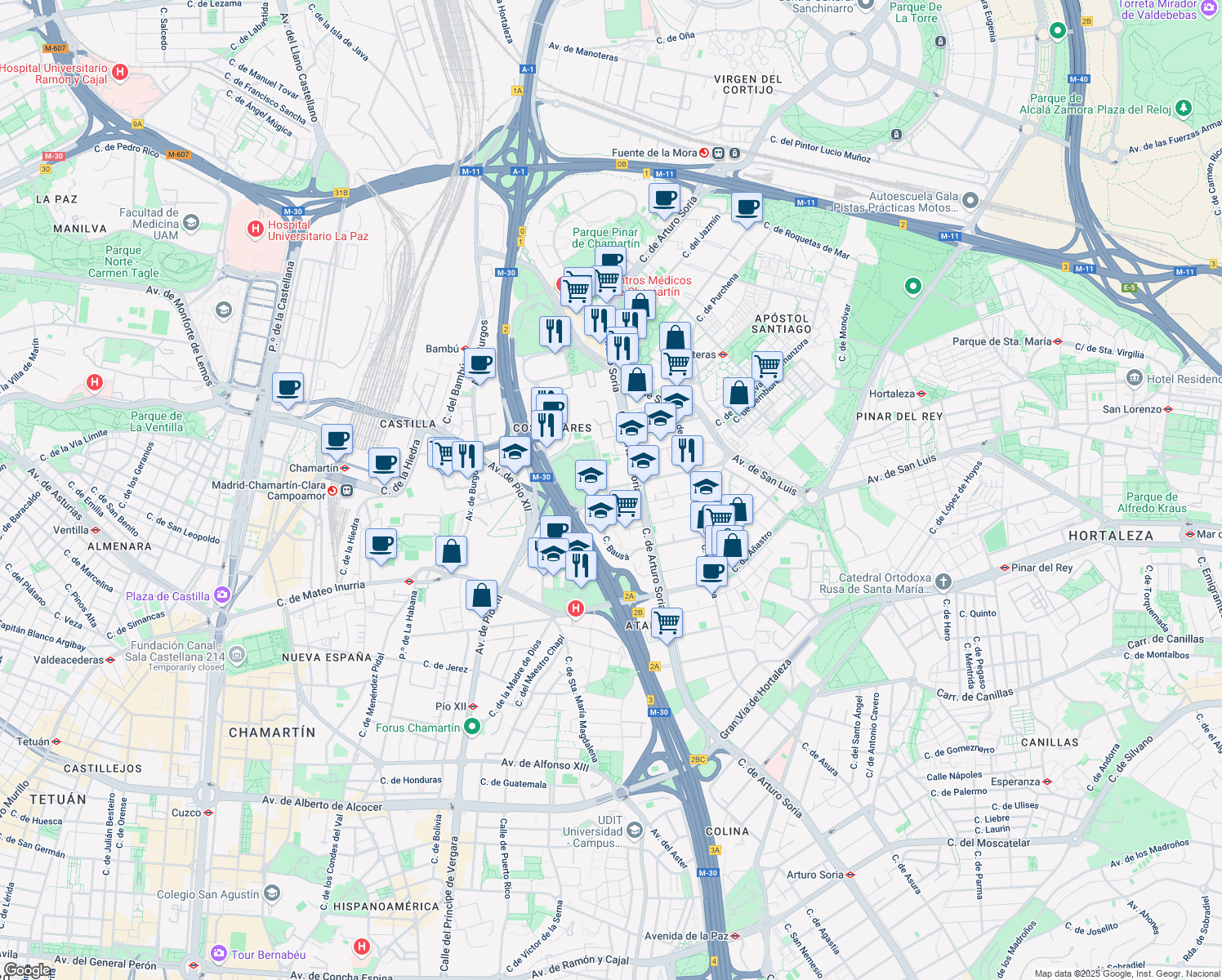 map of restaurants, bars, coffee shops, grocery stores, and more near 5 Calle de Serrano Galvache in Madrid