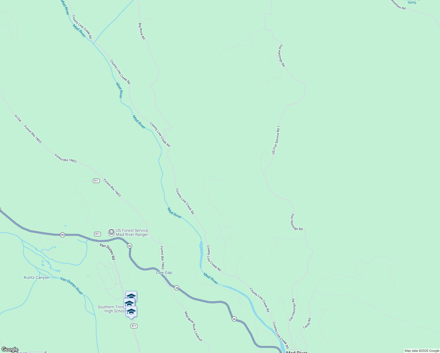 map of restaurants, bars, coffee shops, grocery stores, and more near 1786 County Line Creek Road in Mad River