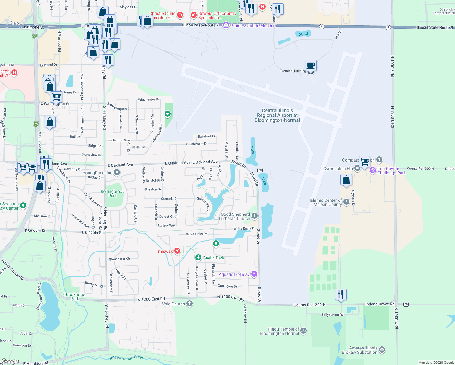 map of restaurants, bars, coffee shops, grocery stores, and more near 22 Rosewood Court in Bloomington