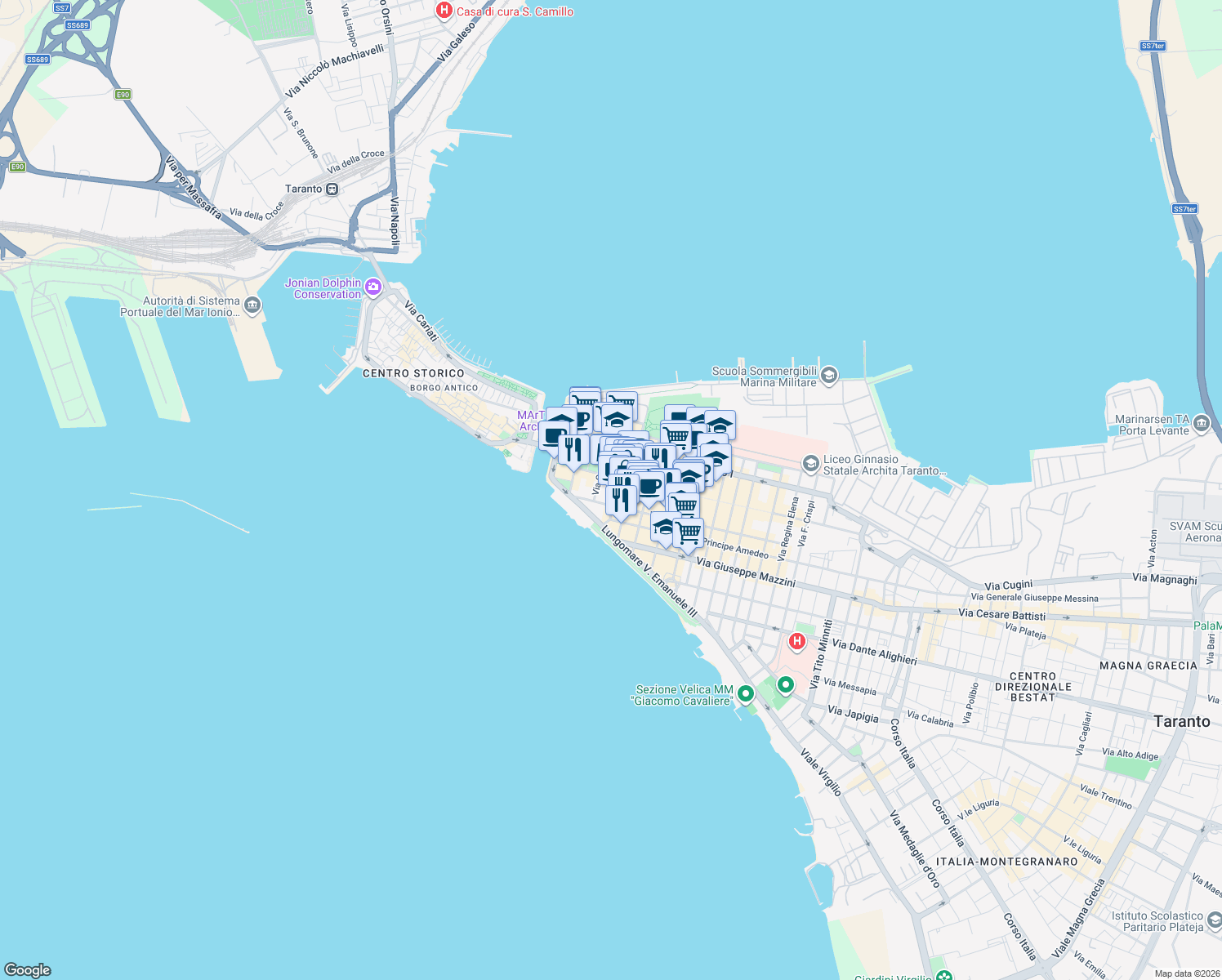 map of restaurants, bars, coffee shops, grocery stores, and more near 74 Via d'Aquino in Taranto