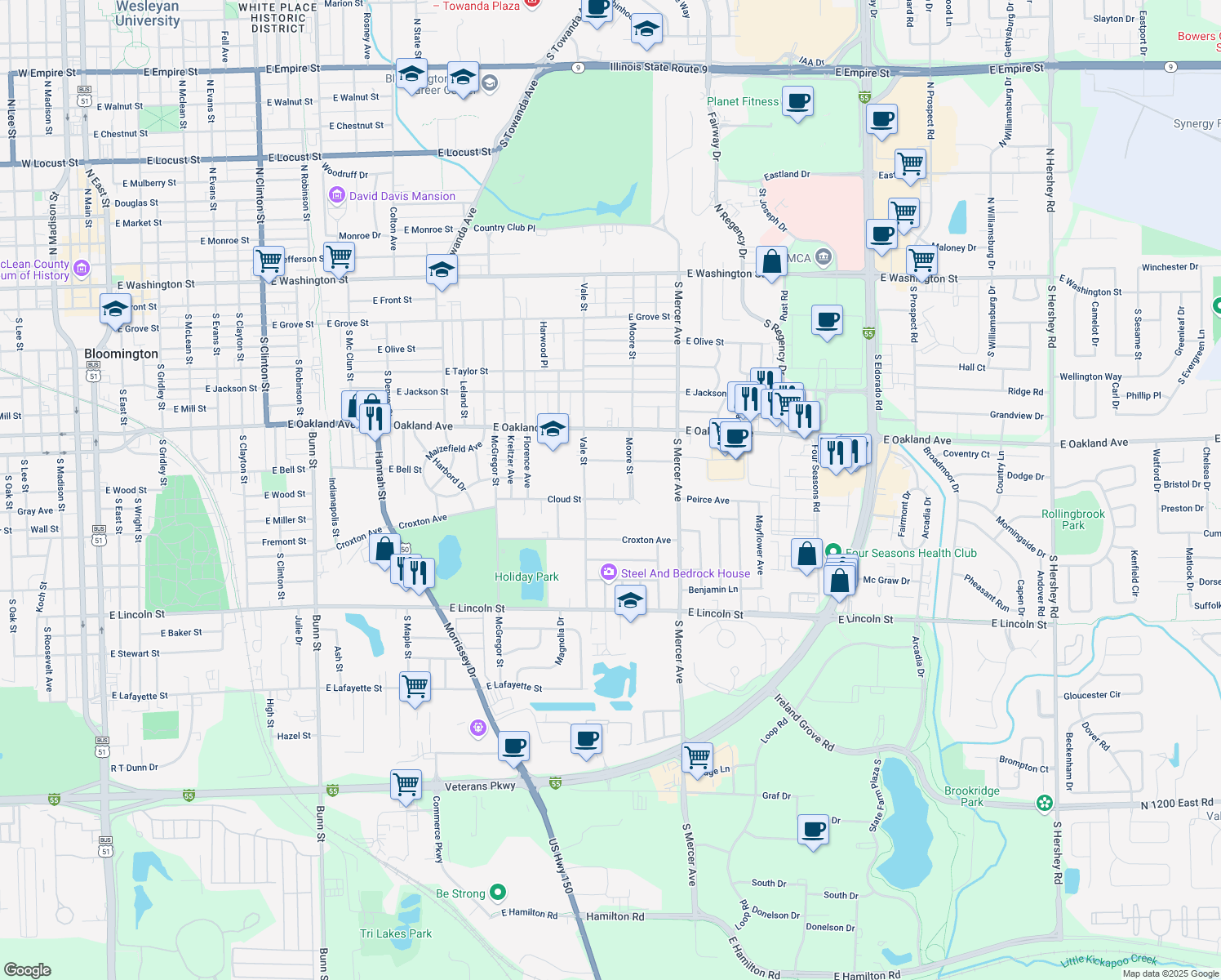 map of restaurants, bars, coffee shops, grocery stores, and more near 5 Randall Drive in Bloomington