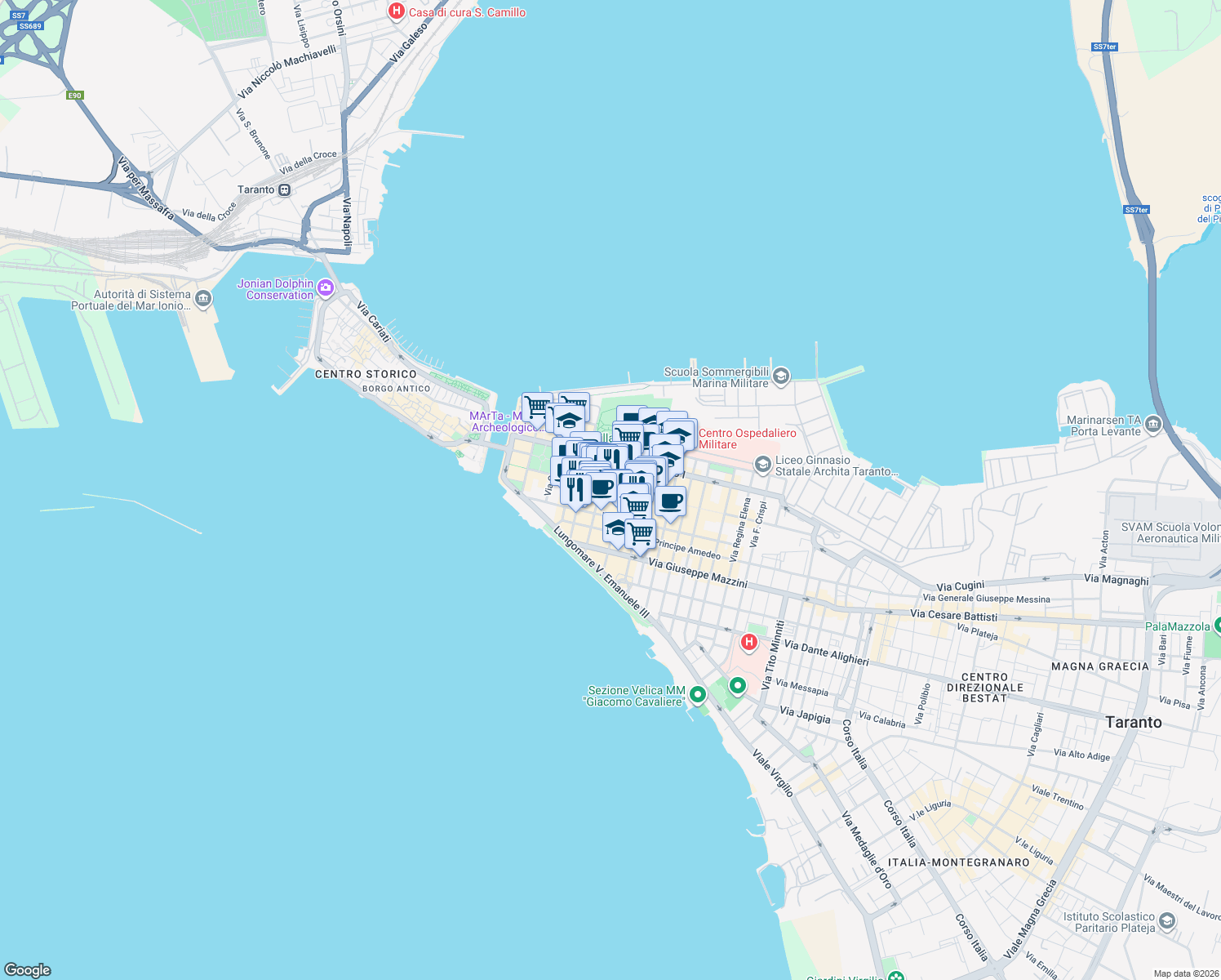 map of restaurants, bars, coffee shops, grocery stores, and more near 144 Viale Europa in Taranto