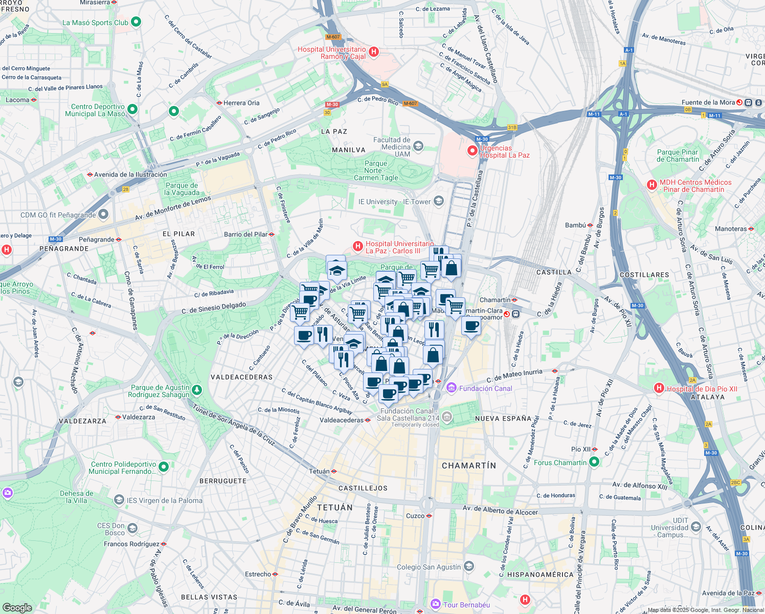 map of restaurants, bars, coffee shops, grocery stores, and more near Calle de los Geranios in Madrid