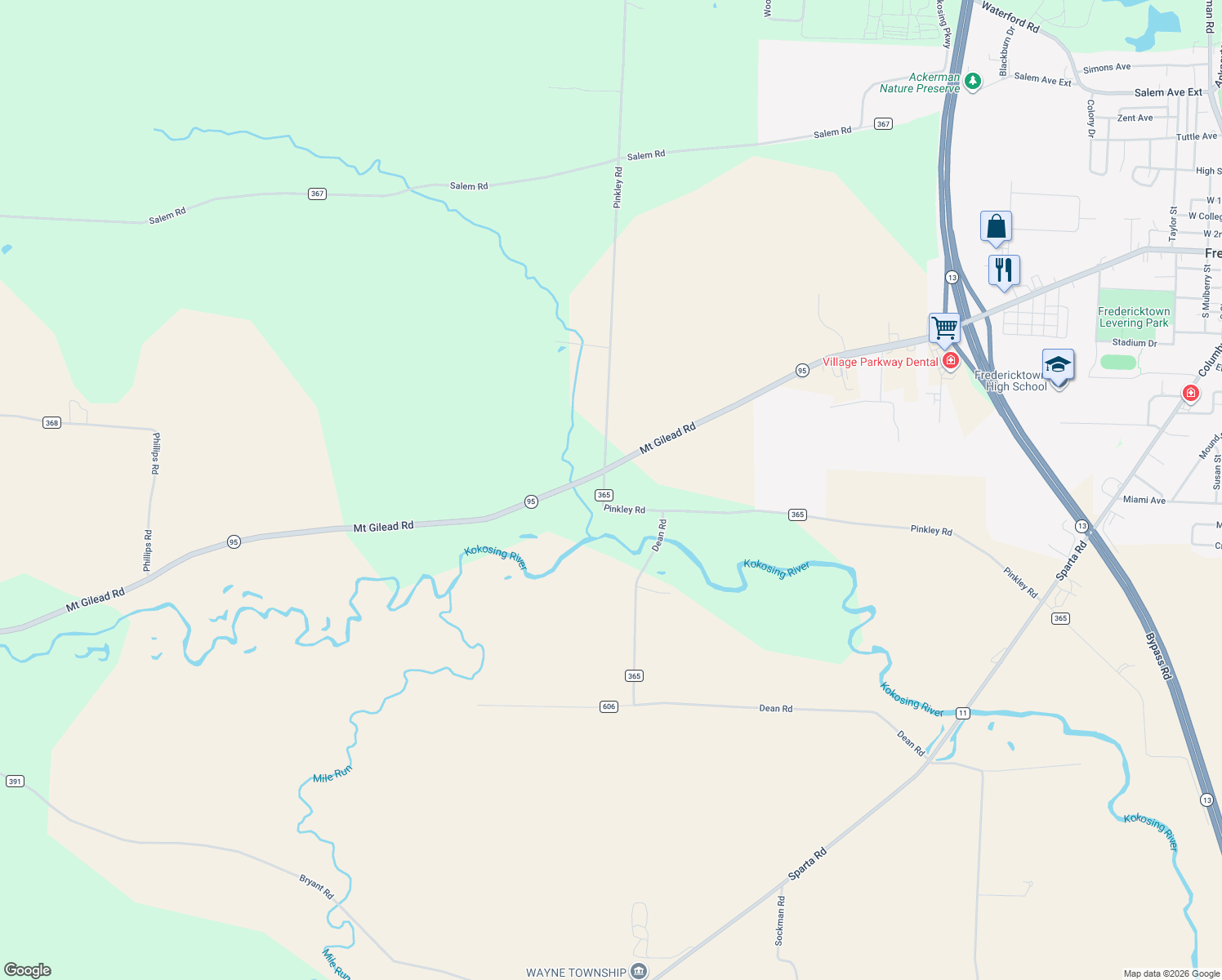 map of restaurants, bars, coffee shops, grocery stores, and more near 16500 Pinkley Road in Fredericktown