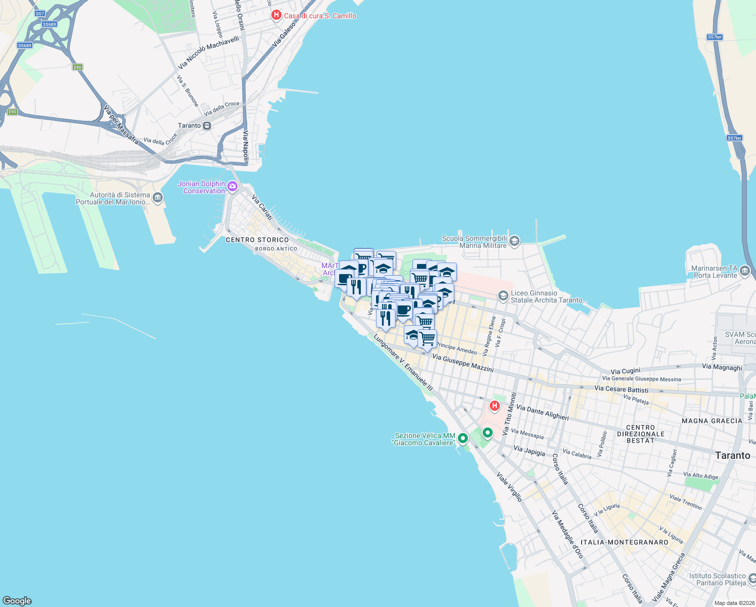map of restaurants, bars, coffee shops, grocery stores, and more near in Taranto