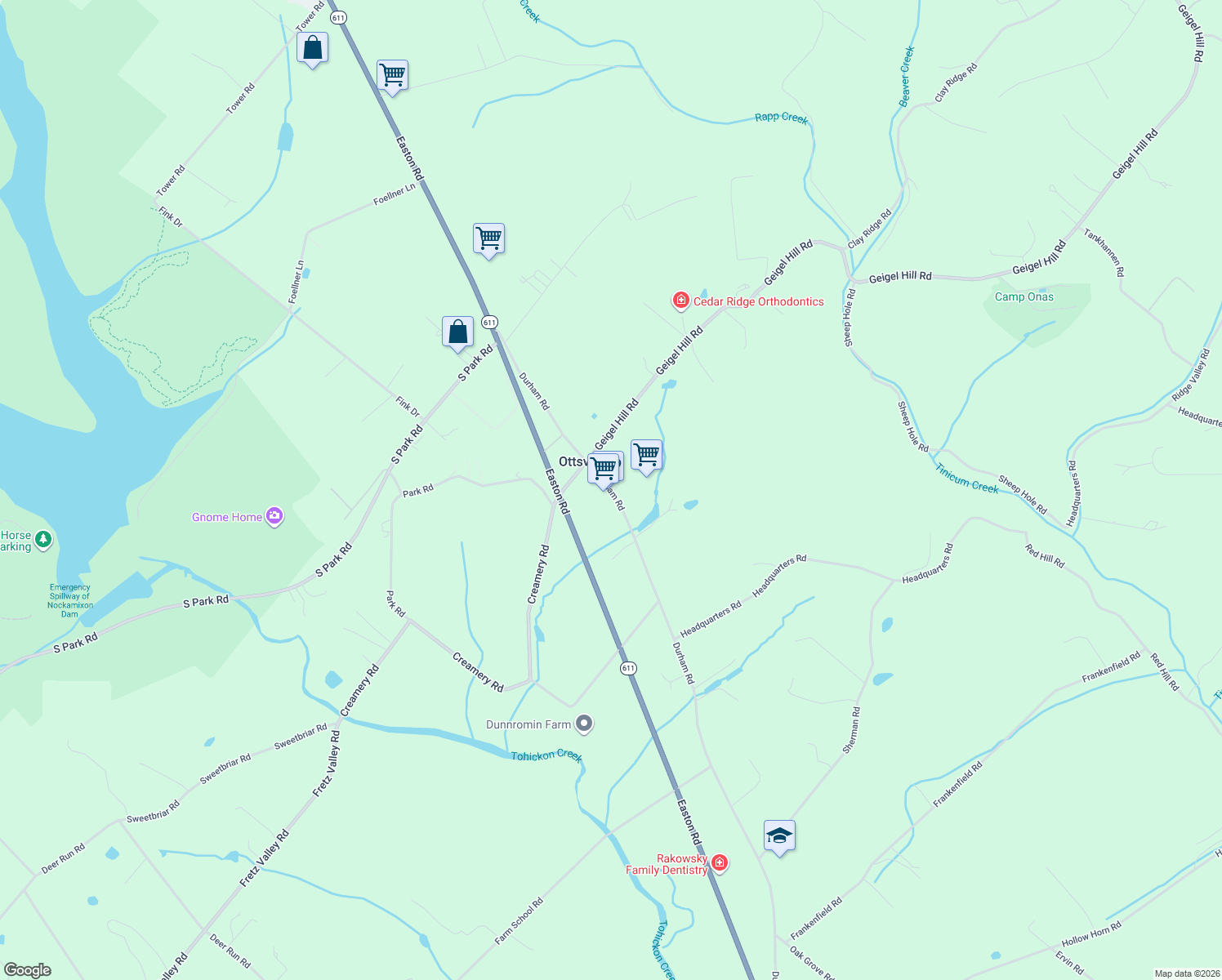 map of restaurants, bars, coffee shops, grocery stores, and more near 239 Durham Road in Ottsville