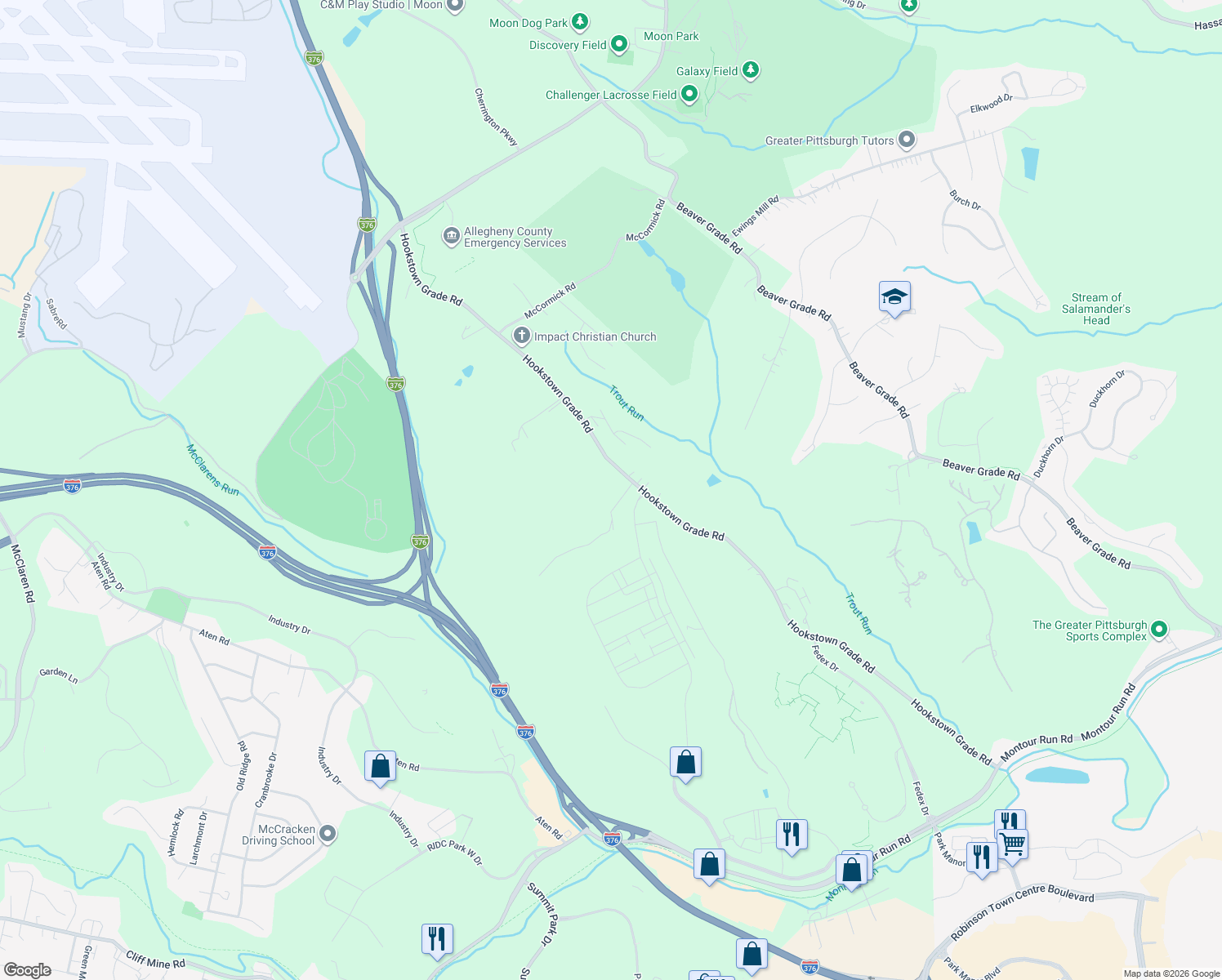 map of restaurants, bars, coffee shops, grocery stores, and more near 589 Hookstown Grade Rd in Moon