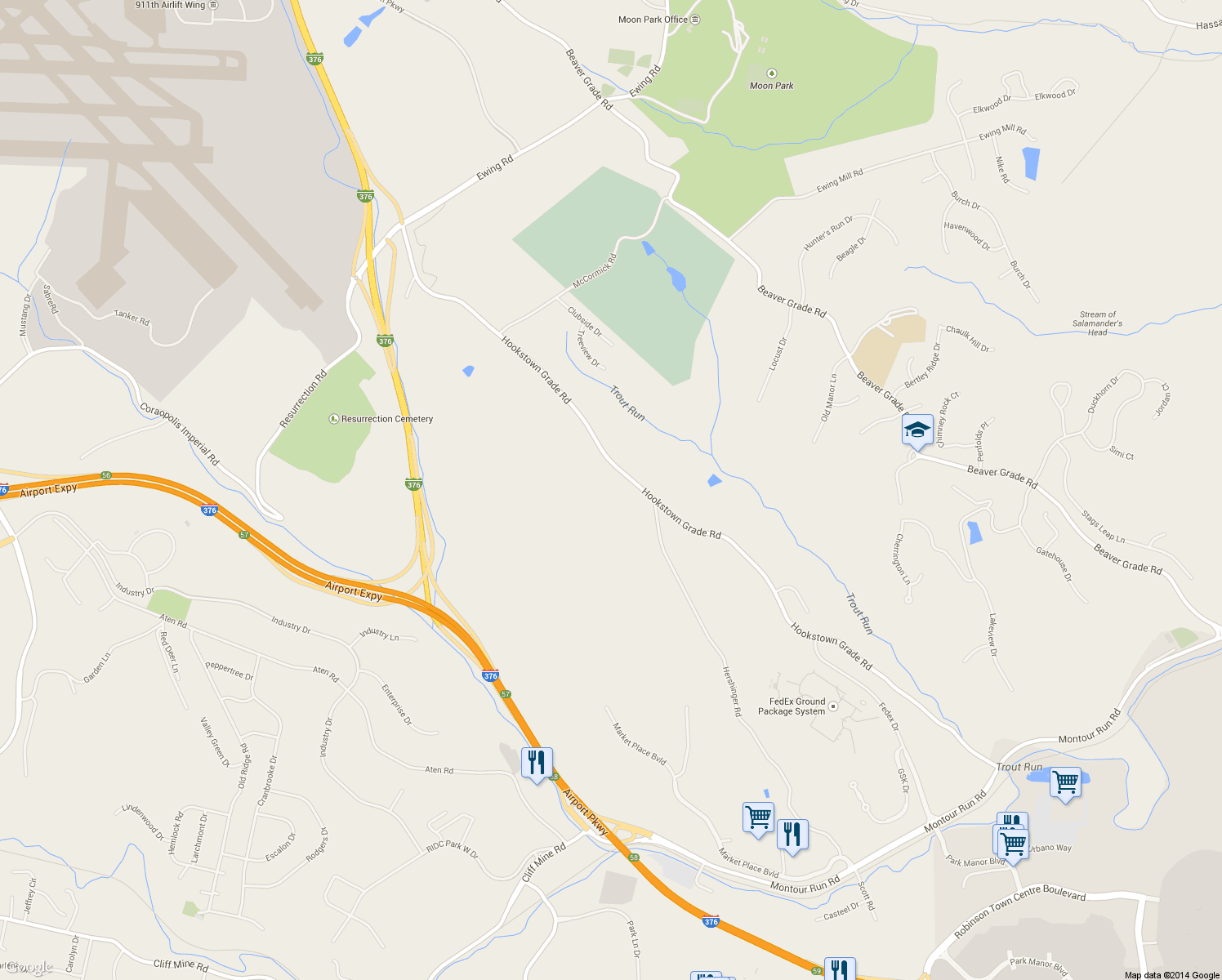 map of restaurants, bars, coffee shops, grocery stores, and more near 589 Hookstown Grade Road in Moon