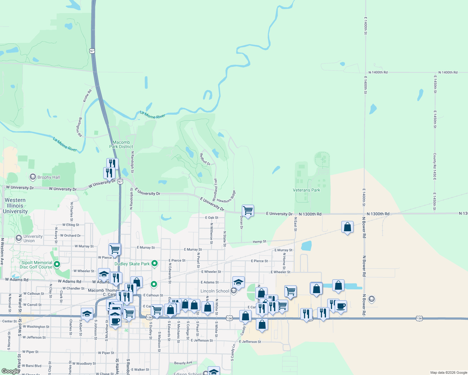 map of restaurants, bars, coffee shops, grocery stores, and more near 1120 Hawthorn Ridge in Macomb