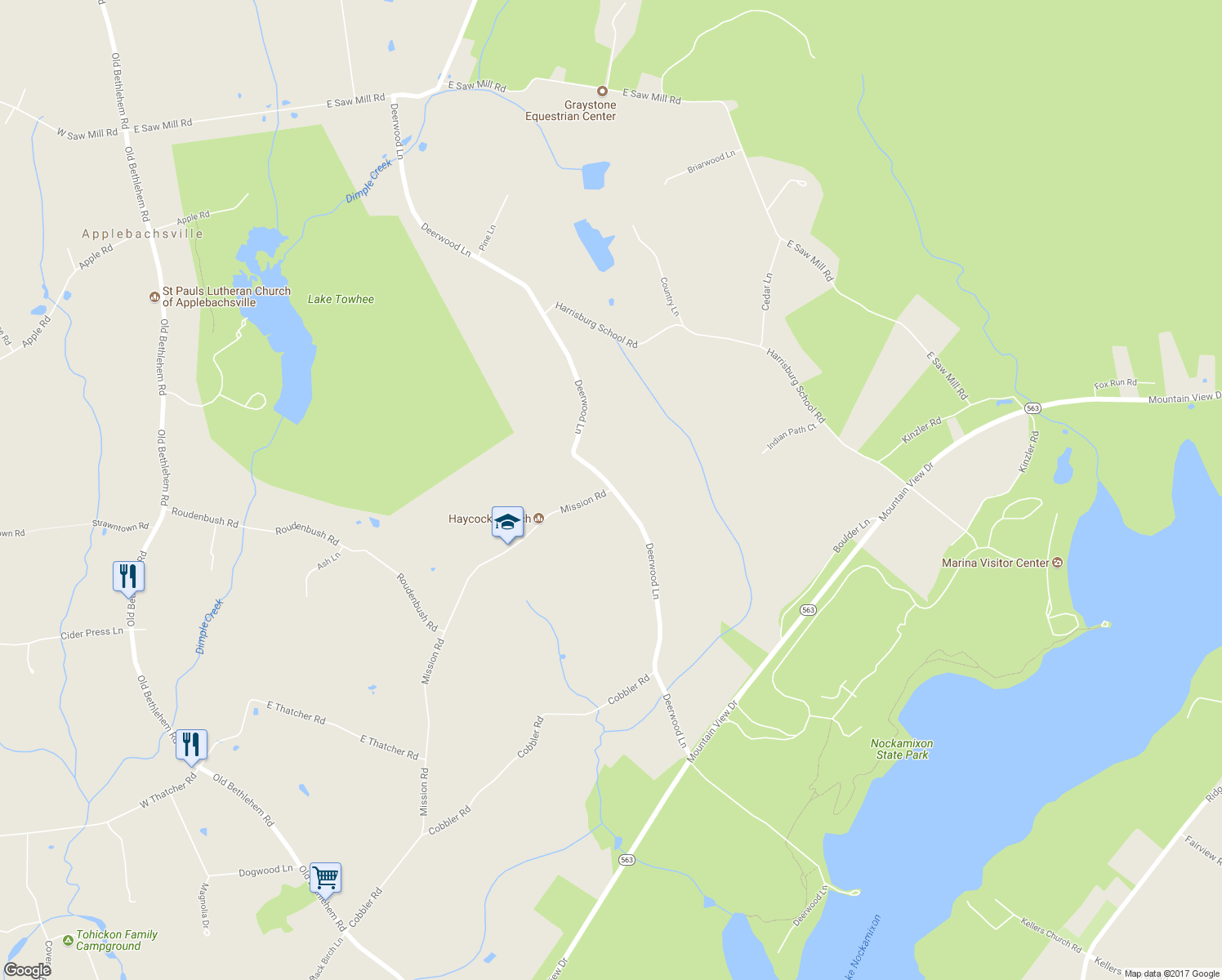 map of restaurants, bars, coffee shops, grocery stores, and more near 1698 Mission Rd in Quakertown