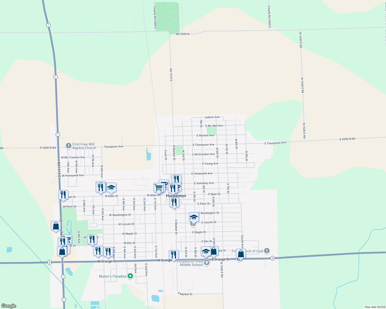 map of restaurants, bars, coffee shops, grocery stores, and more near 498 North 4th Street in Hoopeston