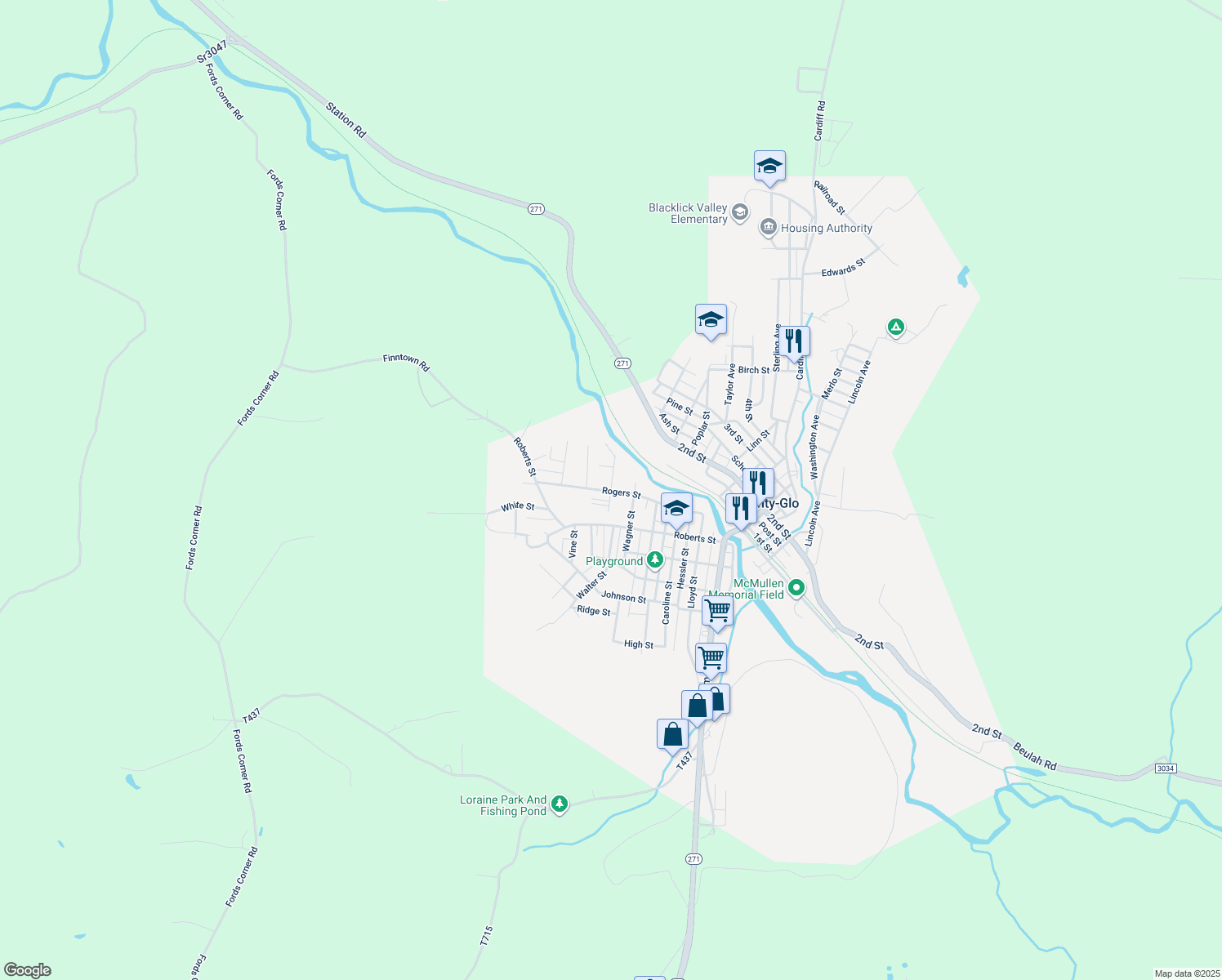 map of restaurants, bars, coffee shops, grocery stores, and more near 899 Wood Street in Nanty-Glo