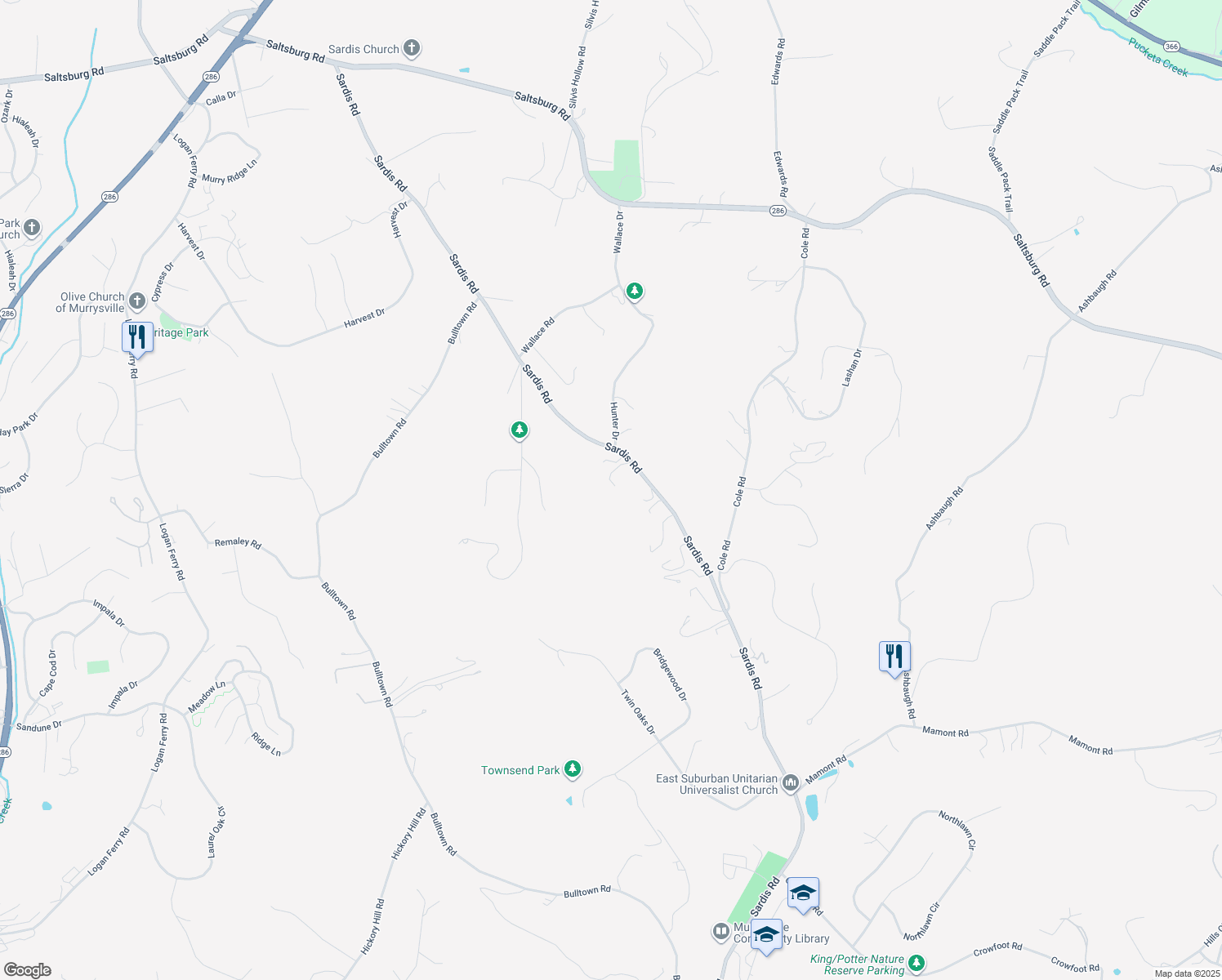map of restaurants, bars, coffee shops, grocery stores, and more near 4800 Sardis Road in Murrysville