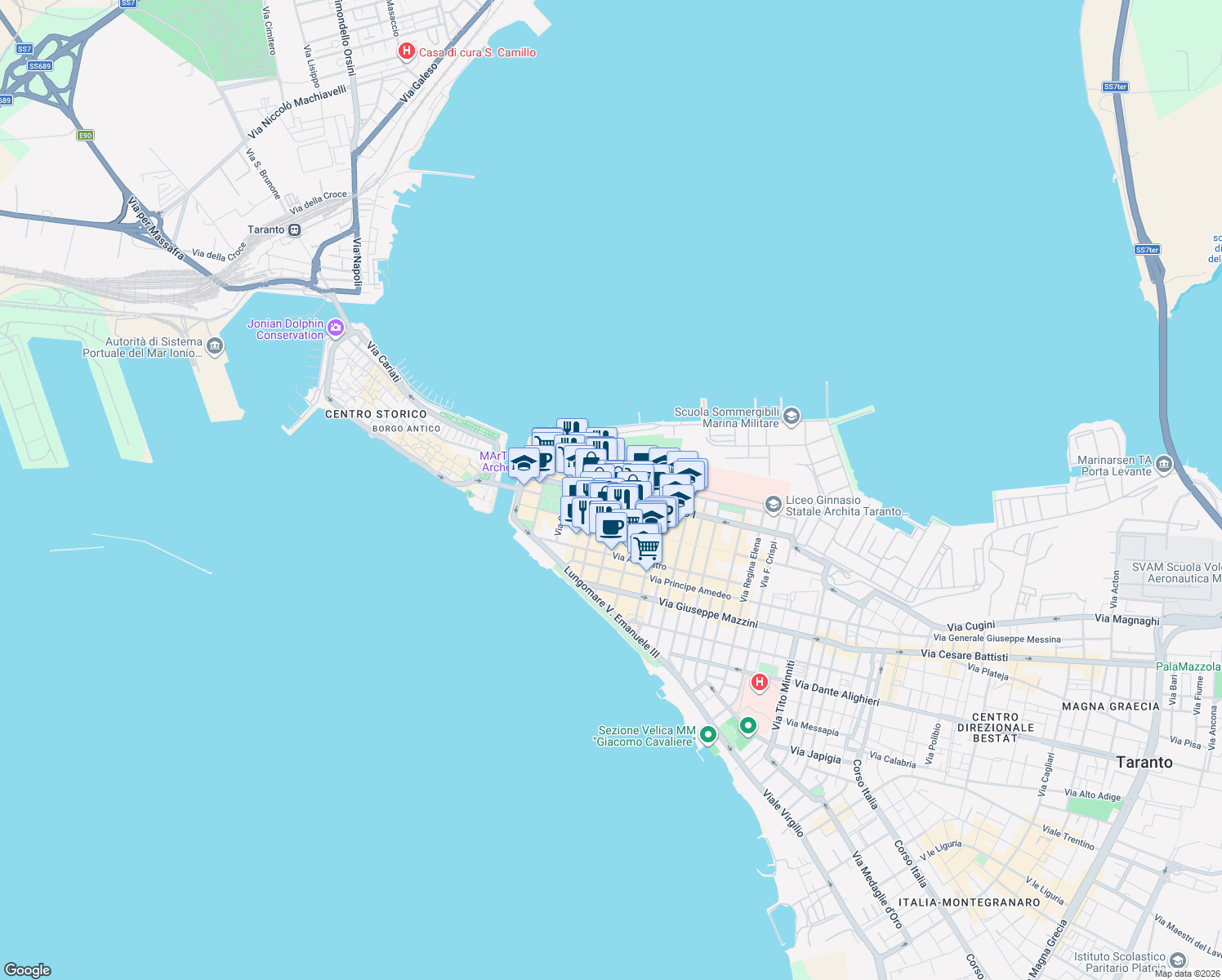 map of restaurants, bars, coffee shops, grocery stores, and more near 1-3 Via Ciro Giovinazzi in Taranto