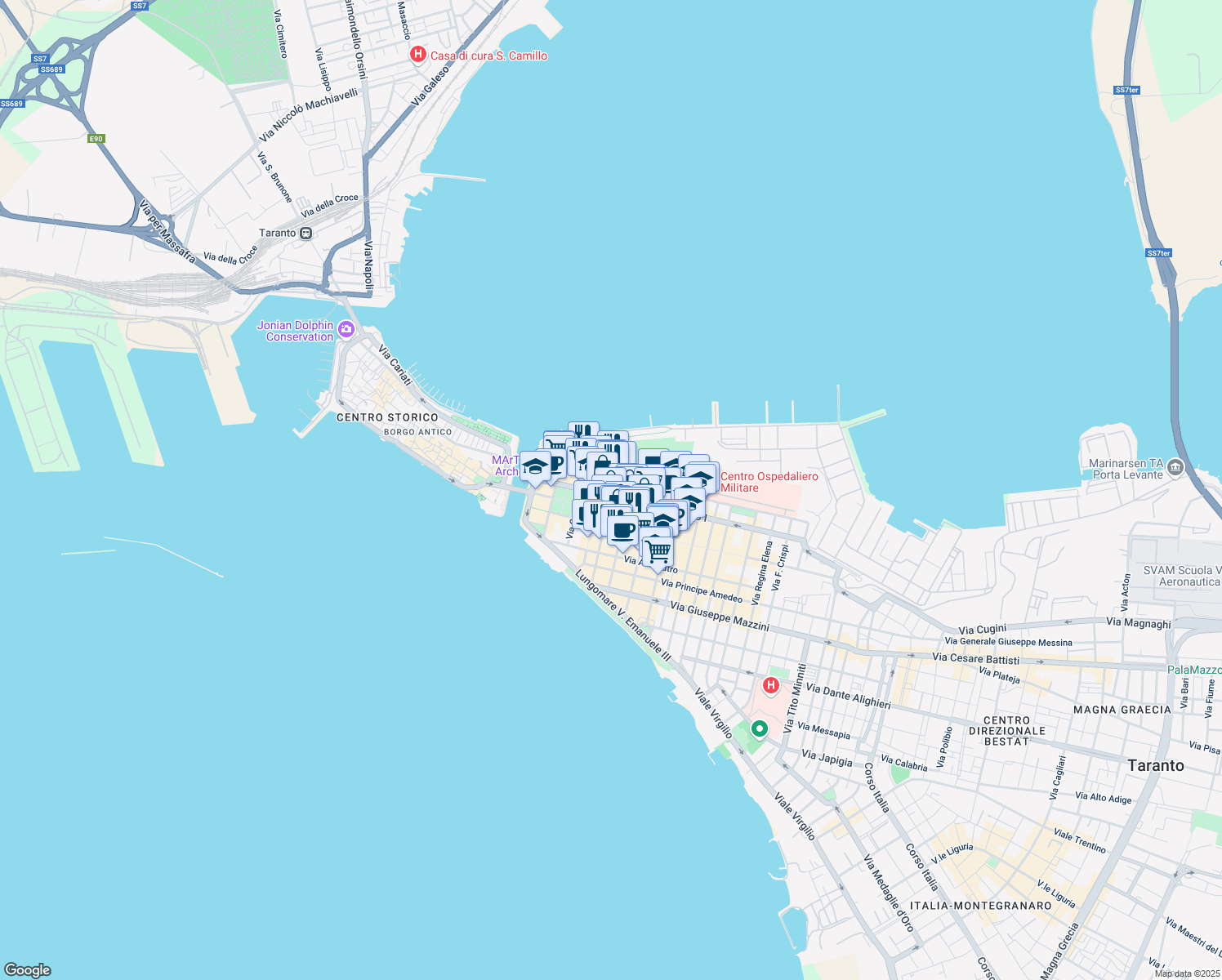map of restaurants, bars, coffee shops, grocery stores, and more near 1-3 Via Ciro Giovinazzi in Taranto