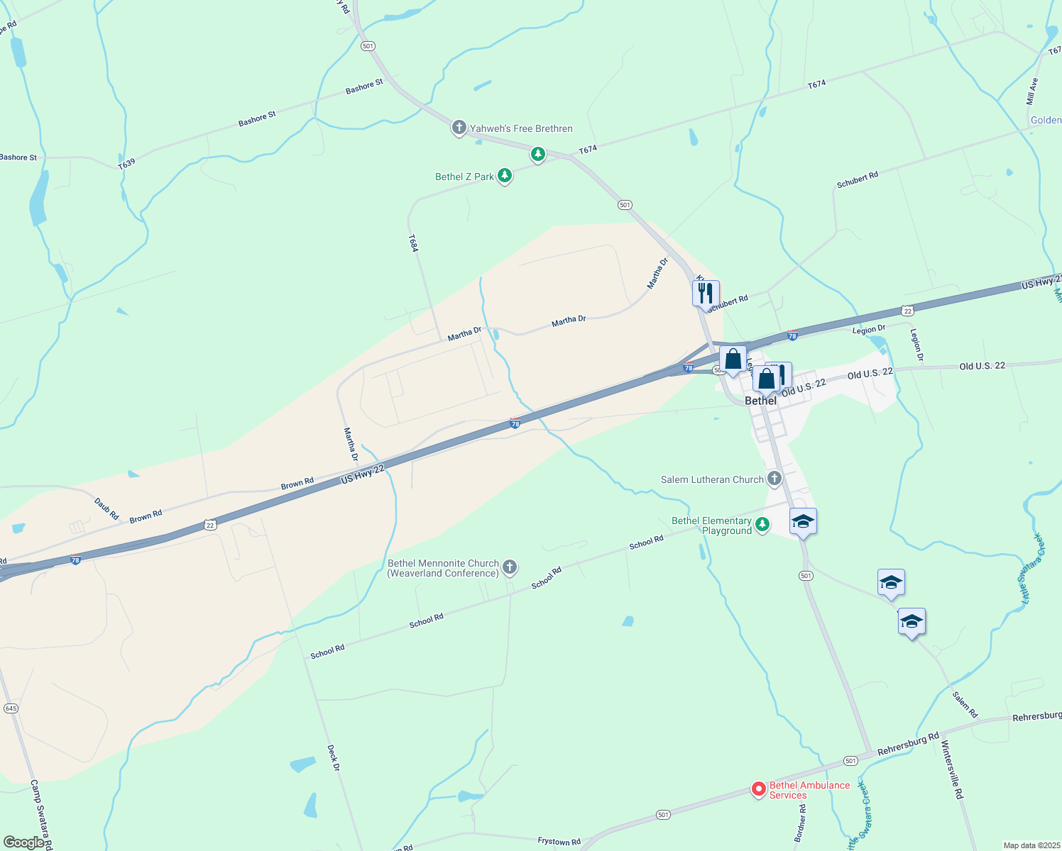 map of restaurants, bars, coffee shops, grocery stores, and more near 9851 Old U.S. 22 in Bethel