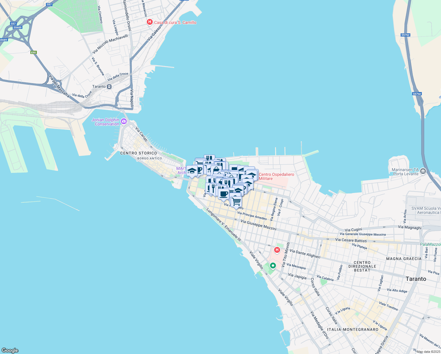 map of restaurants, bars, coffee shops, grocery stores, and more near 3 Via Ciro Giovinazzi in Taranto