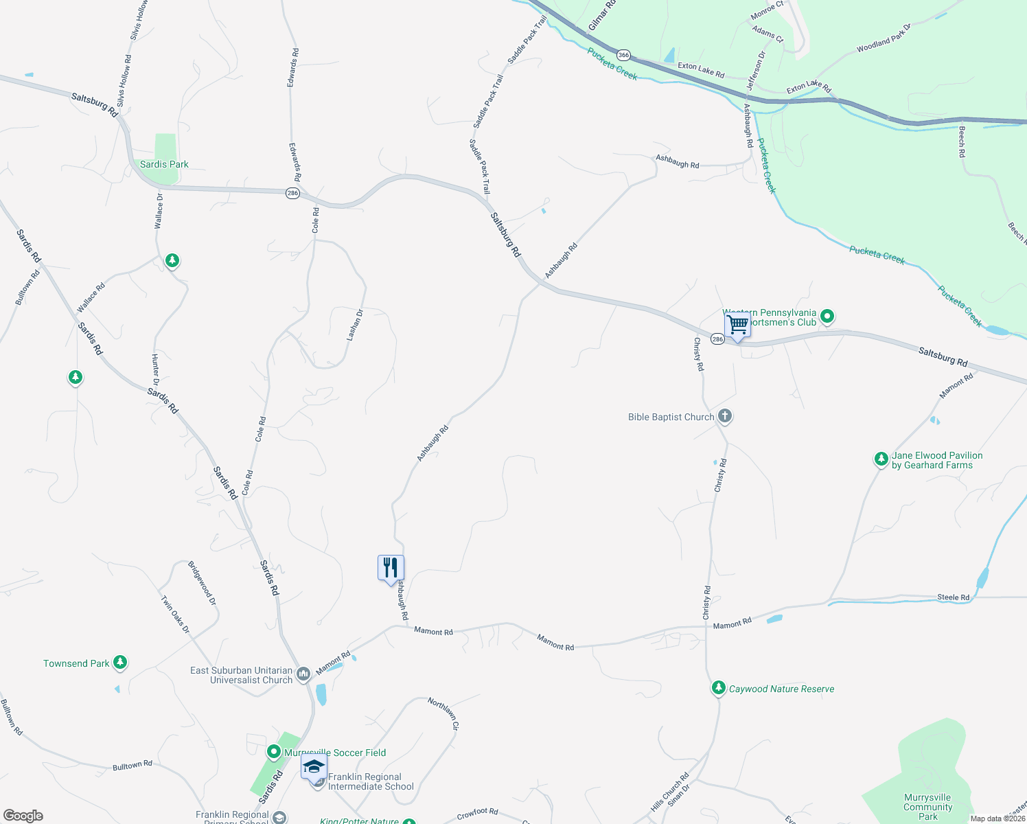 map of restaurants, bars, coffee shops, grocery stores, and more near 4921 Ashbaugh Rd in Murrysville