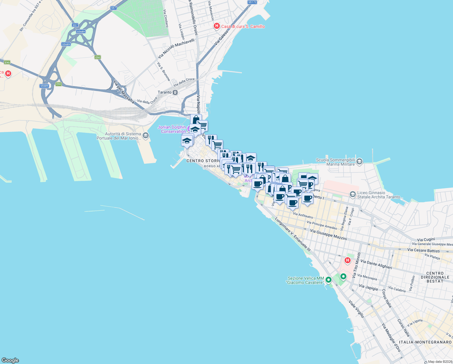 map of restaurants, bars, coffee shops, grocery stores, and more near 6-7 Piazza San Francesco in Taranto