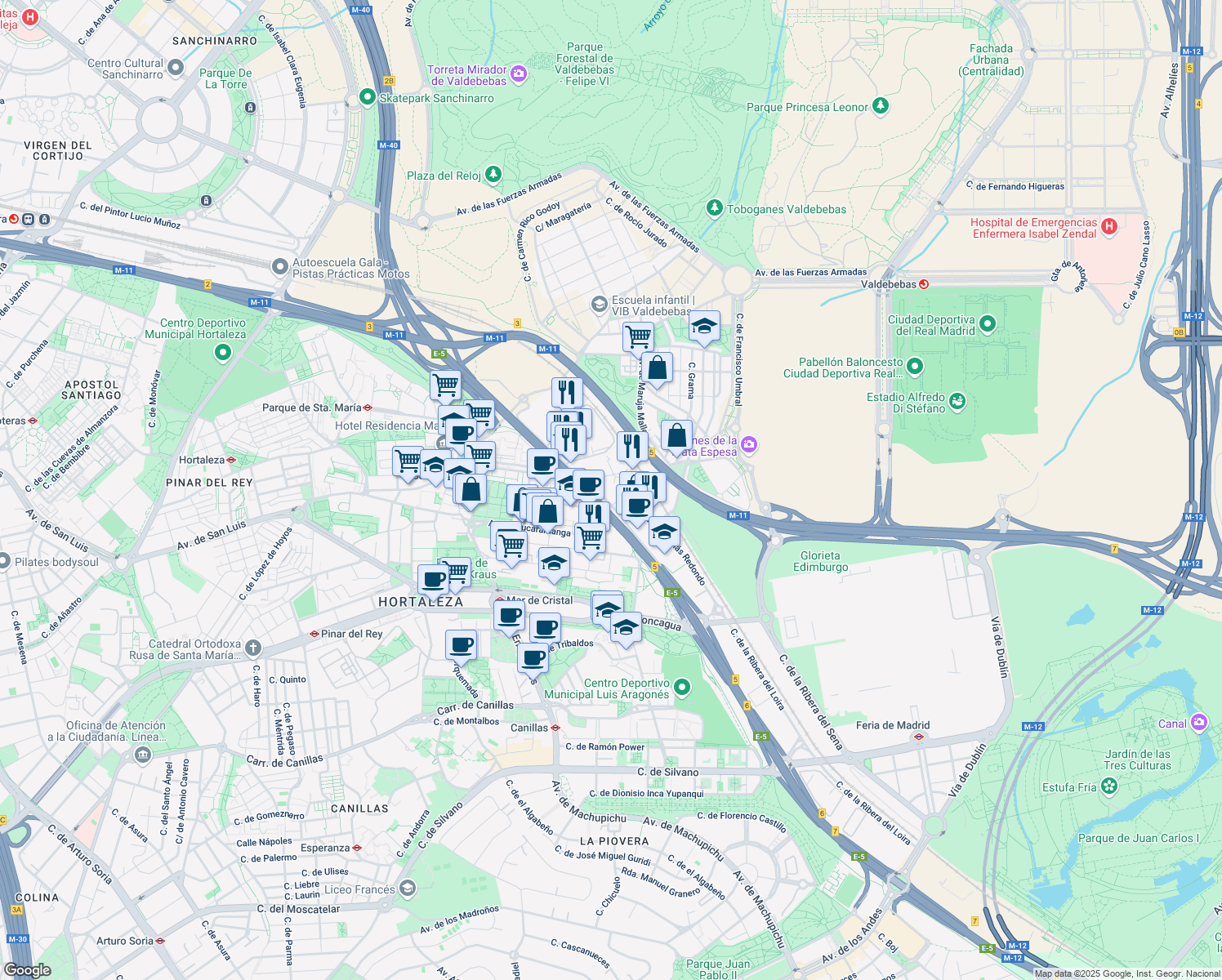 map of restaurants, bars, coffee shops, grocery stores, and more near 13 Calle Vía de los Poblados in Madrid