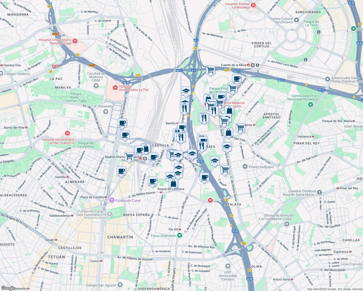 map of restaurants, bars, coffee shops, grocery stores, and more near 12 Avenida Burgos in Madrid