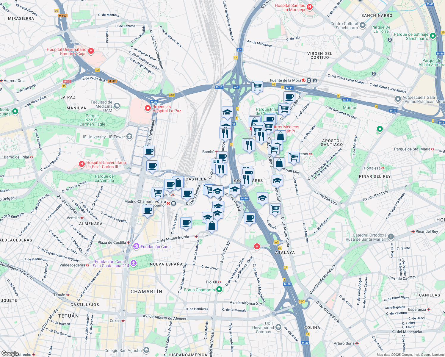 map of restaurants, bars, coffee shops, grocery stores, and more near 12 Avenida Burgos in Madrid