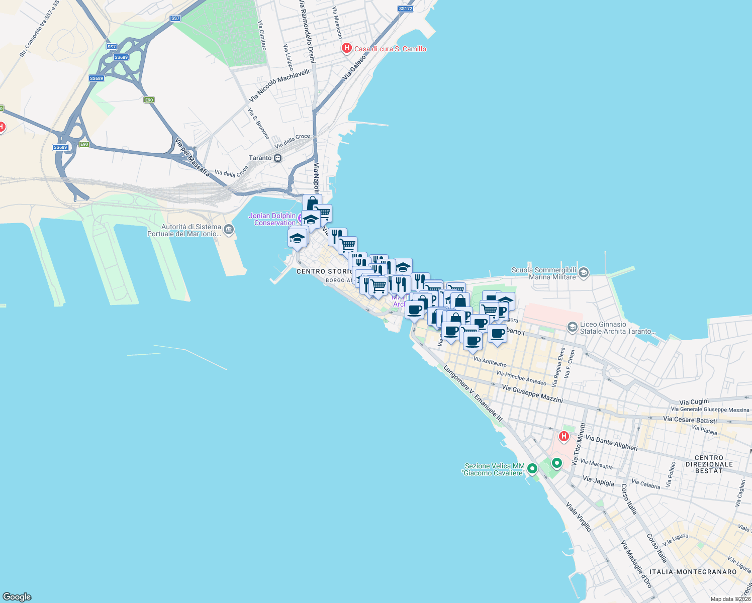 map of restaurants, bars, coffee shops, grocery stores, and more near 7 Piazza San Francesco in Taranto