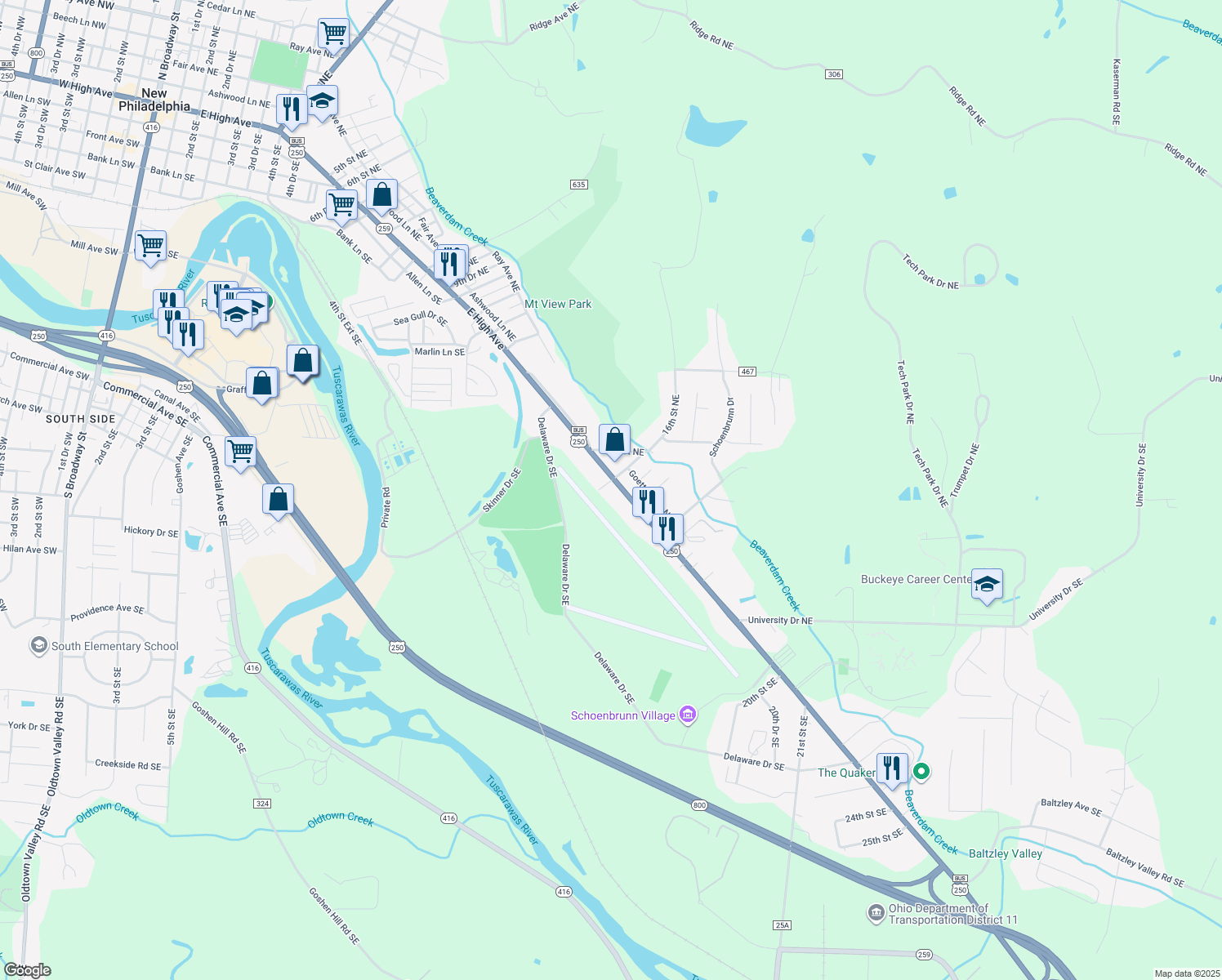 map of restaurants, bars, coffee shops, grocery stores, and more near 1608 East High Avenue in New Philadelphia