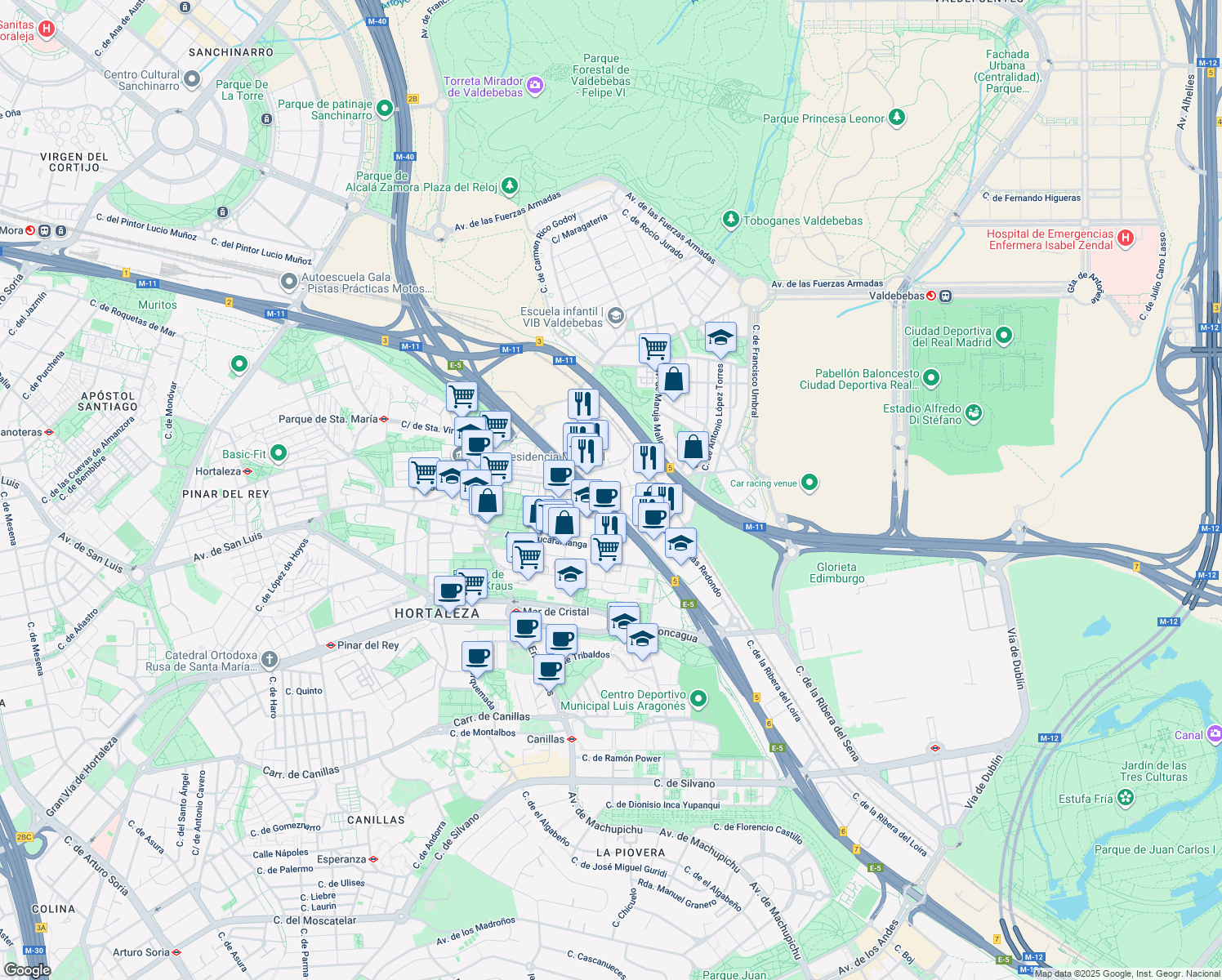 map of restaurants, bars, coffee shops, grocery stores, and more near 7 Calle Vía de los Poblados in Madrid